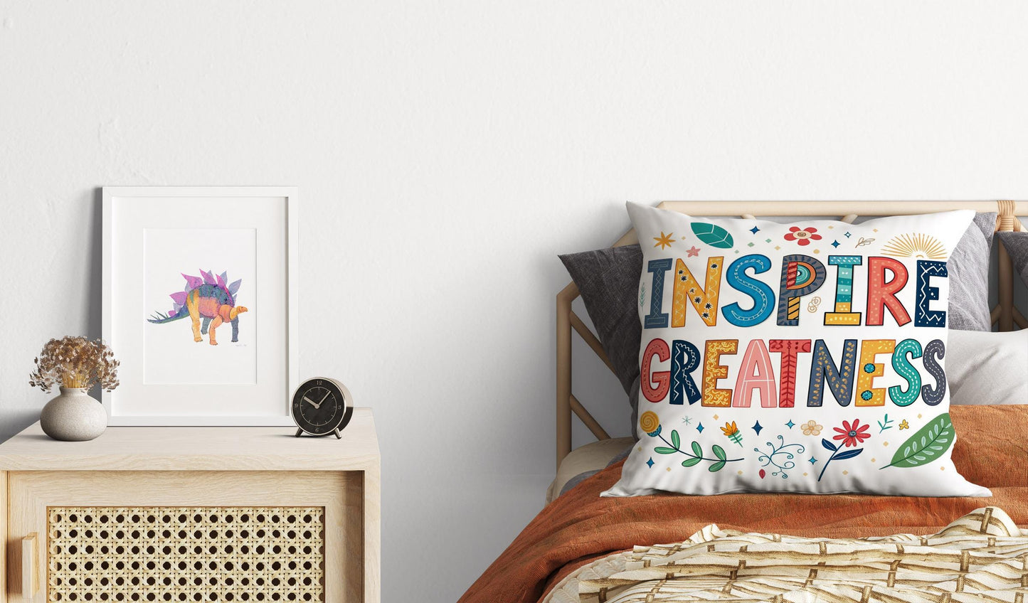 Inspire Greatness Motivational Pillow | Colorful Typography Boho Home Decor | Inspirational Gift