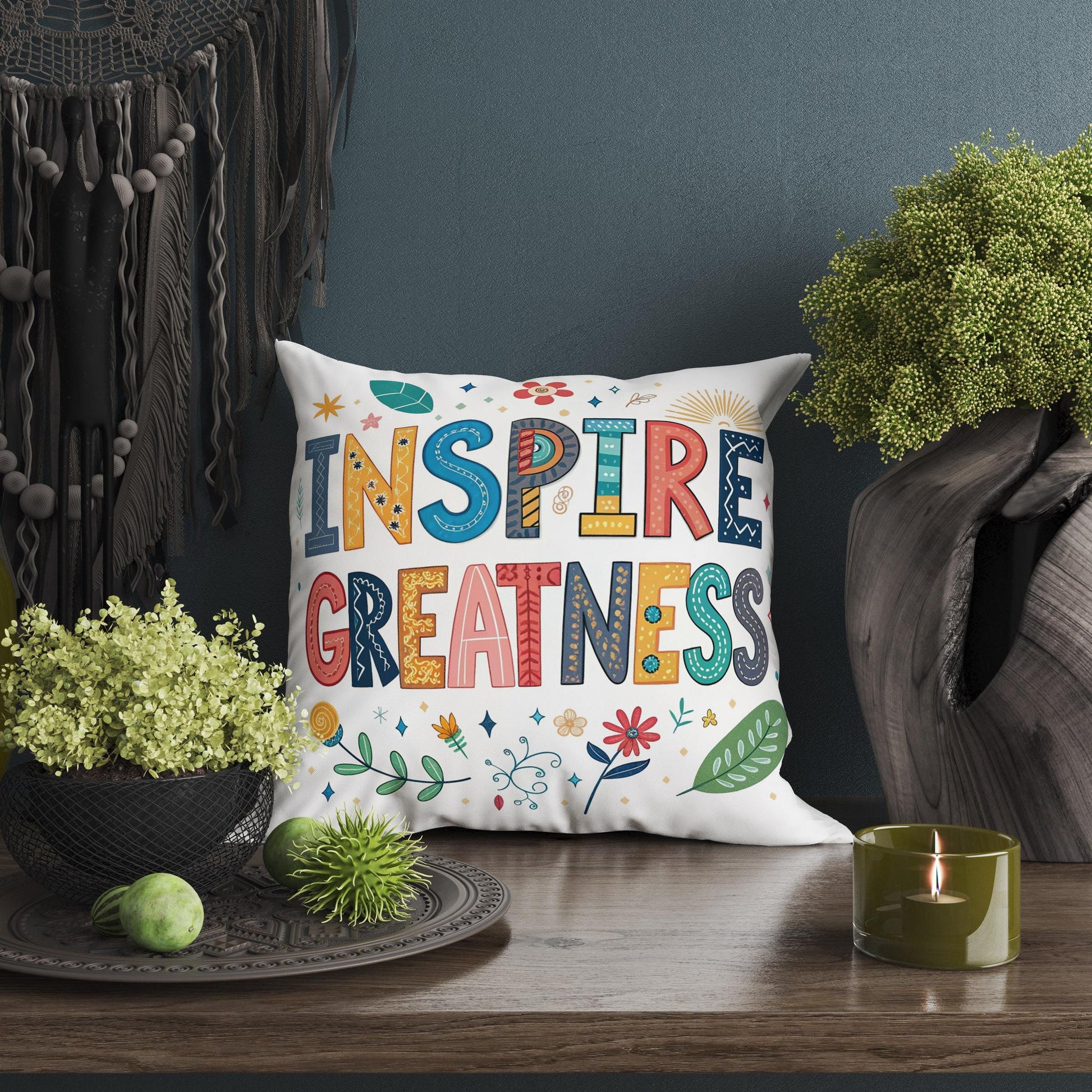 Inspire Greatness Motivational Pillow | Colorful Typography Boho Home Decor | Inspirational Gift