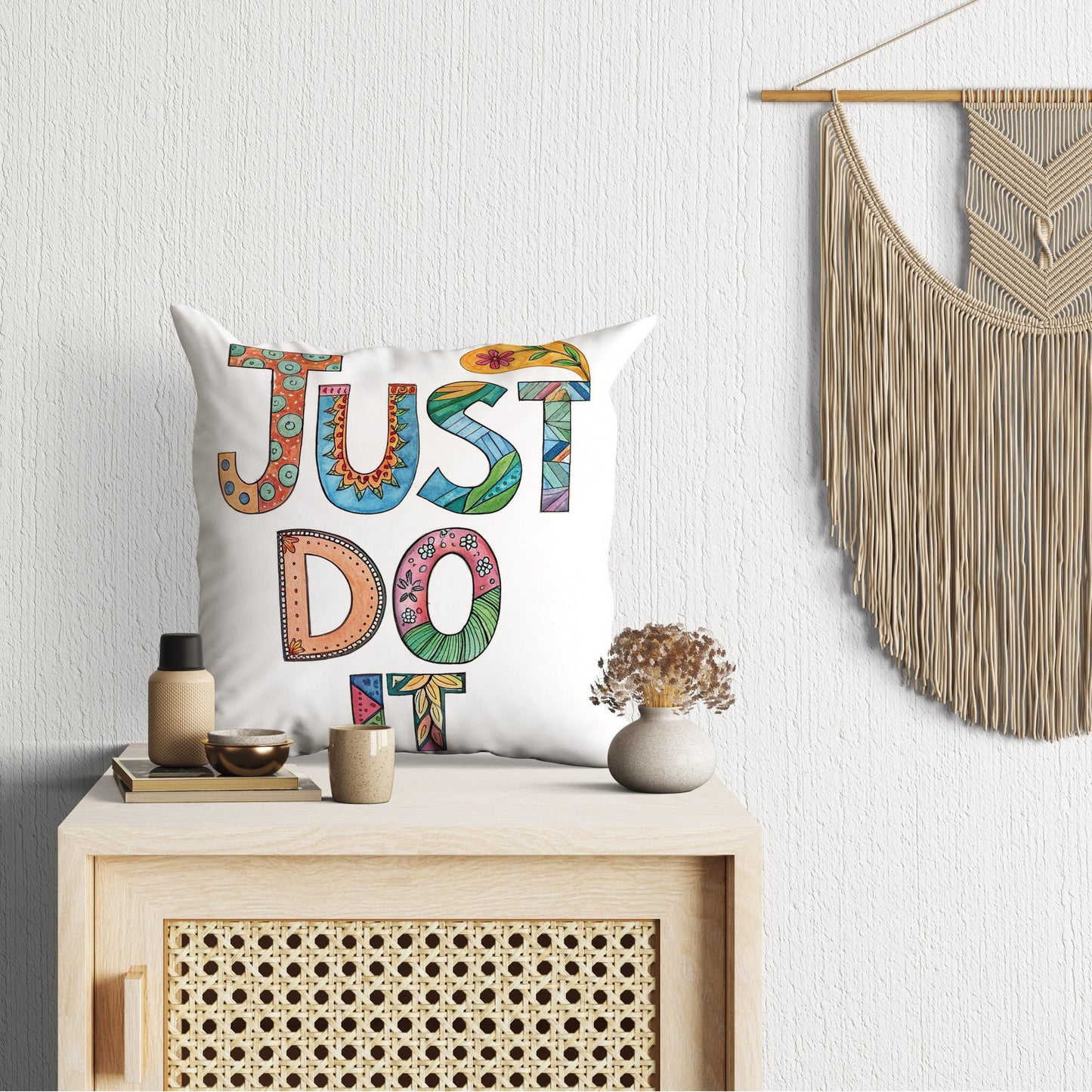 Folk Art Inspired &#39;Just Do It&#39; Pillow | Colorful Lettering | Encouraging Room Accent