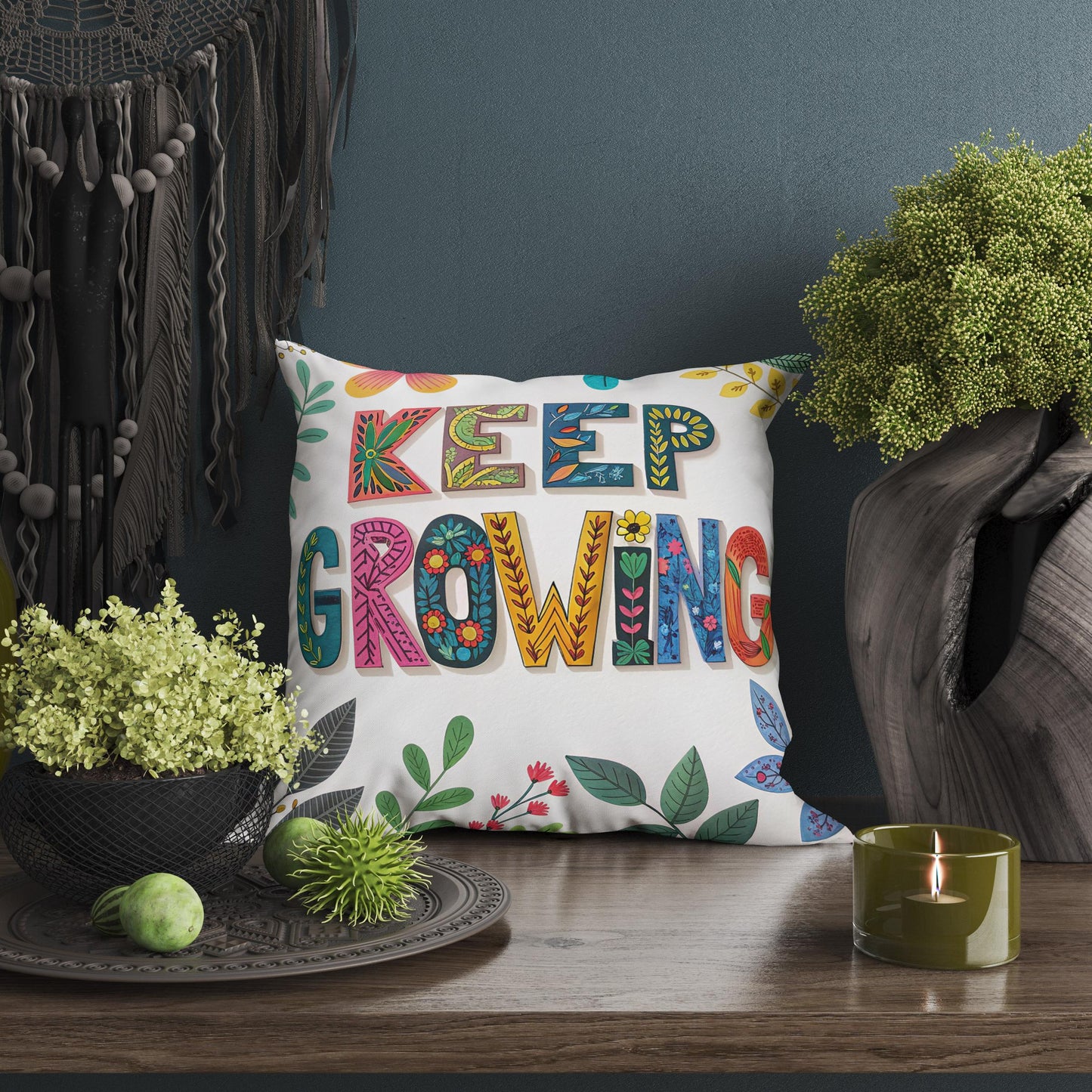 Keep Growing Inspirational Pillow | Floral Typography Boho Home Decor | Motivational Gift