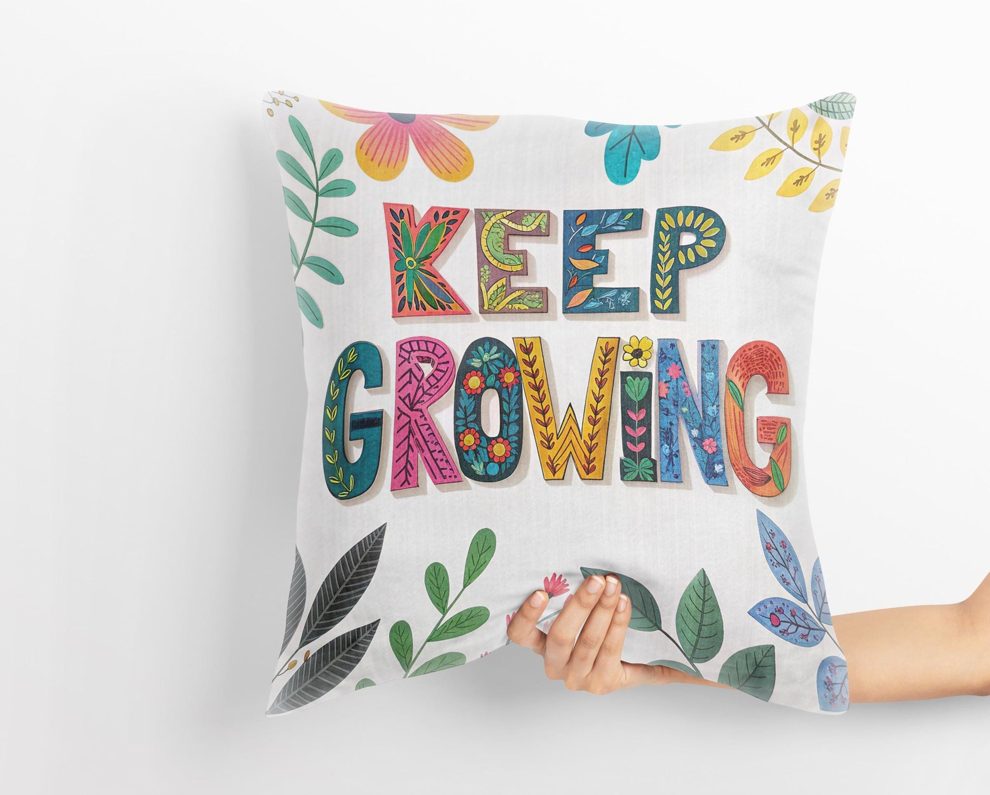 Keep Growing Inspirational Pillow | Floral Typography Boho Home Decor | Motivational Gift