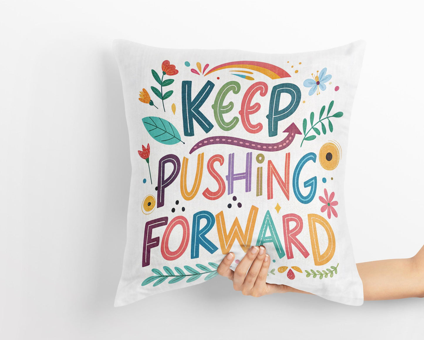 Hand Lettered &#39;Keep Pushing Forward&#39; Decorative Pillow | Whimsical Art | Unique Home Accent