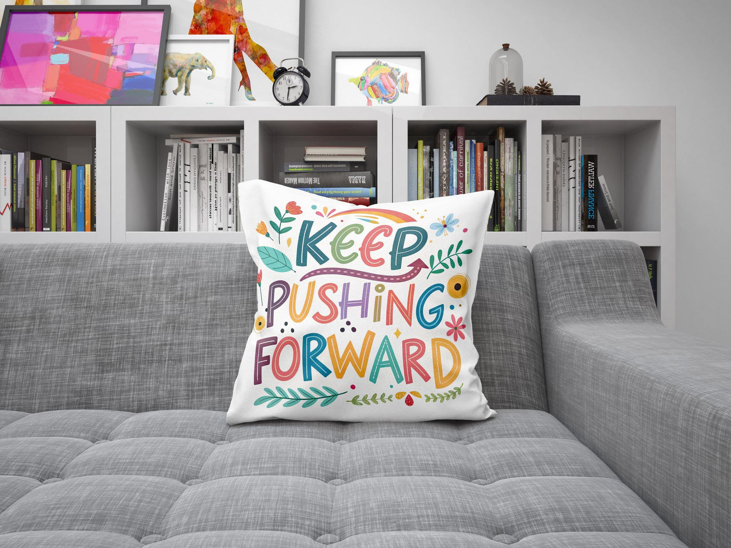 Hand Lettered &#39;Keep Pushing Forward&#39; Decorative Pillow | Whimsical Art | Unique Home Accent