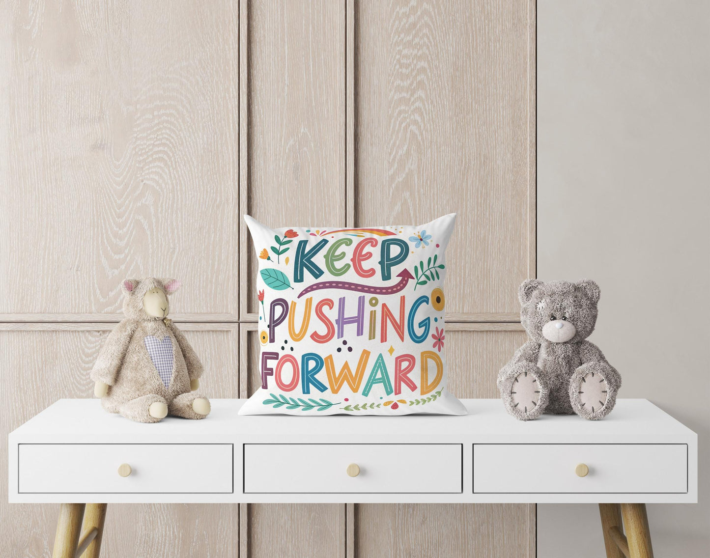 Hand Lettered &#39;Keep Pushing Forward&#39; Decorative Pillow | Whimsical Art | Unique Home Accent