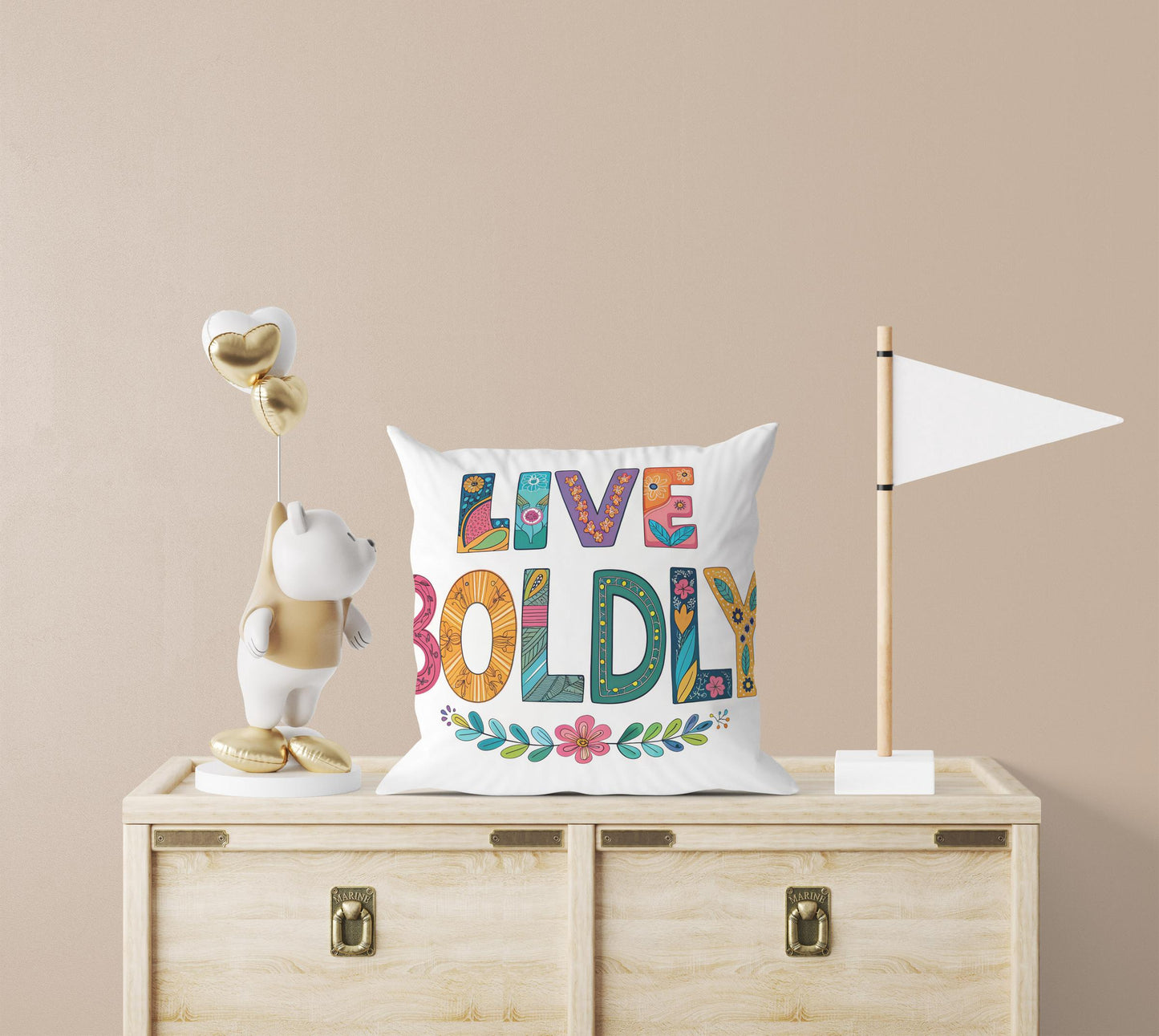 Hand Drawn &#39;Live Boldly&#39; Decorative Pillow | Colorful Folk Art Design | Unique Home Accent