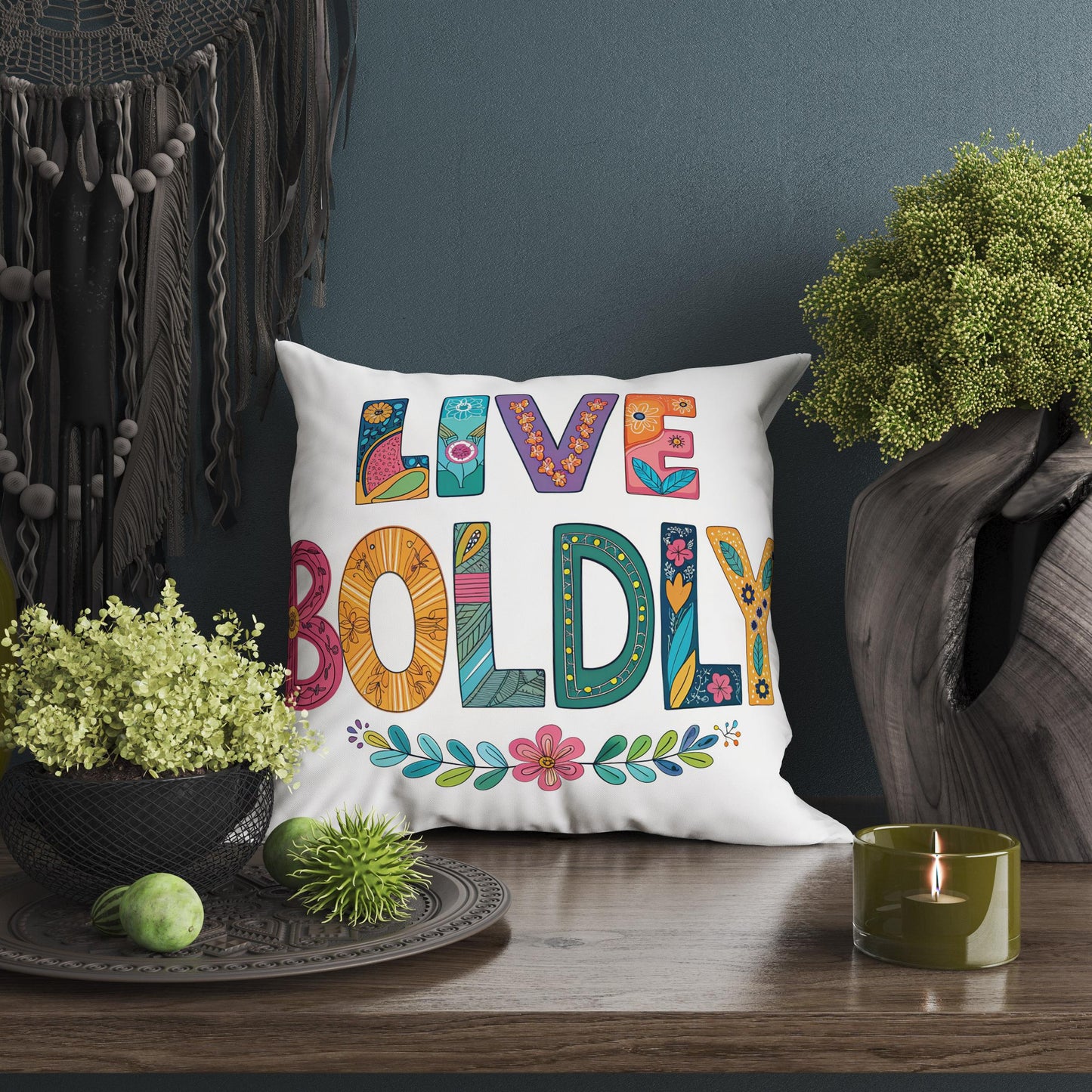 Hand Drawn &#39;Live Boldly&#39; Decorative Pillow | Colorful Folk Art Design | Unique Home Accent