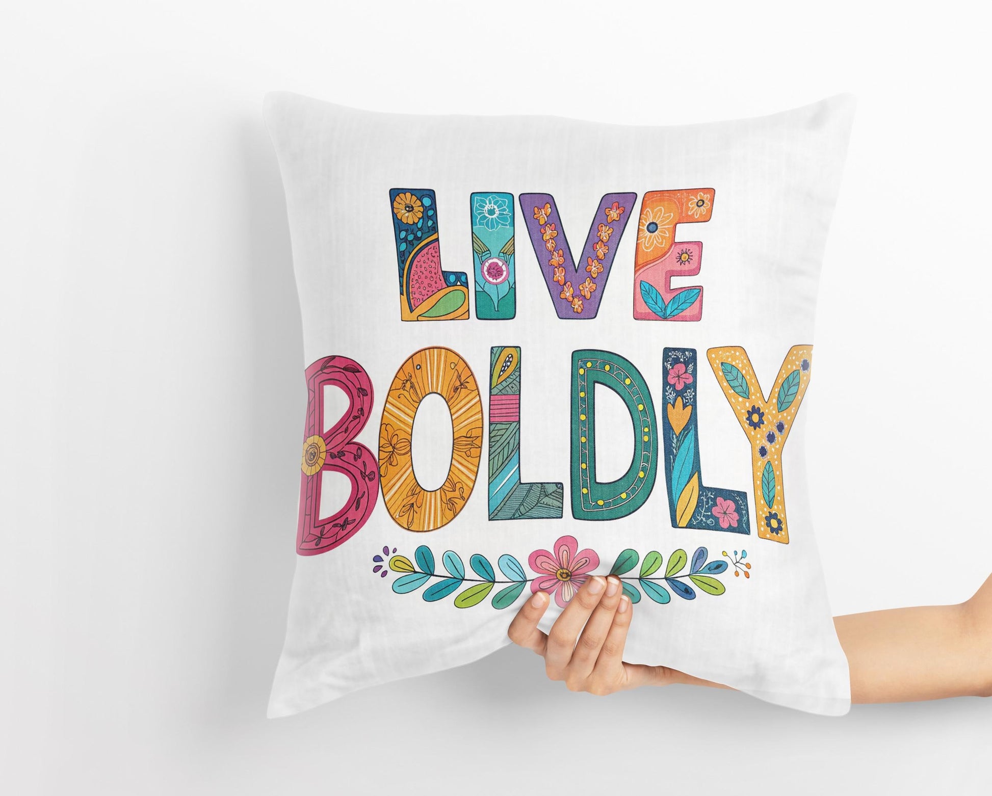 Hand Drawn &#39;Live Boldly&#39; Decorative Pillow | Colorful Folk Art Design | Unique Home Accent