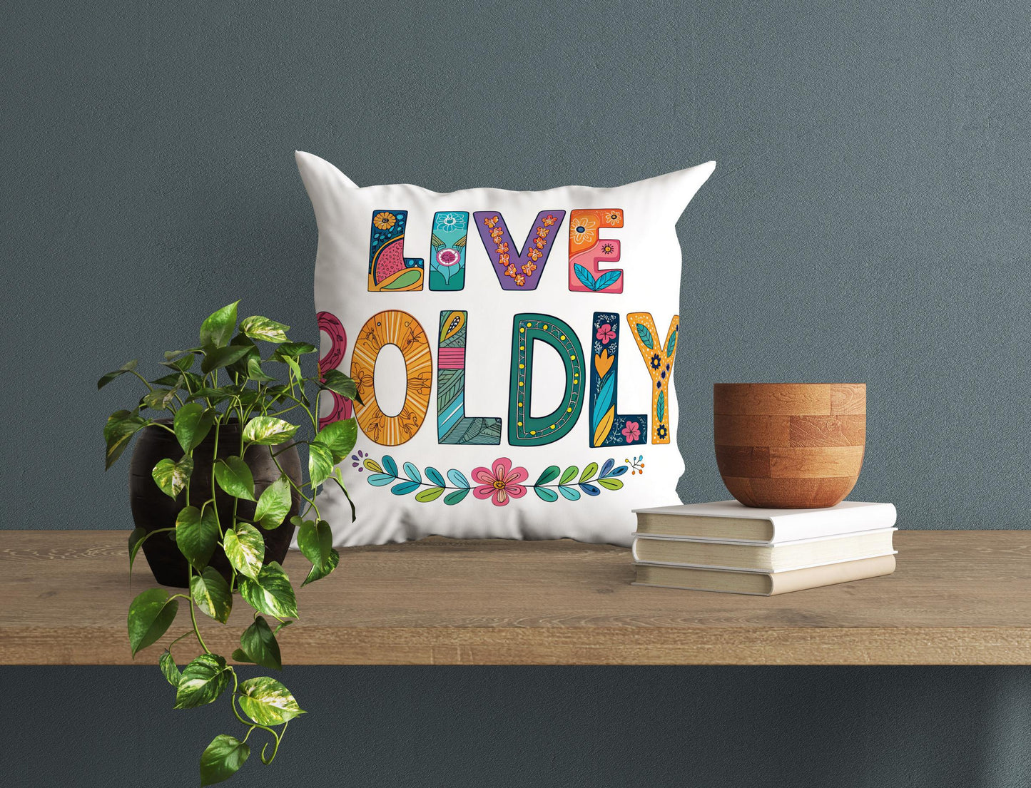 Hand Drawn &#39;Live Boldly&#39; Decorative Pillow | Colorful Folk Art Design | Unique Home Accent