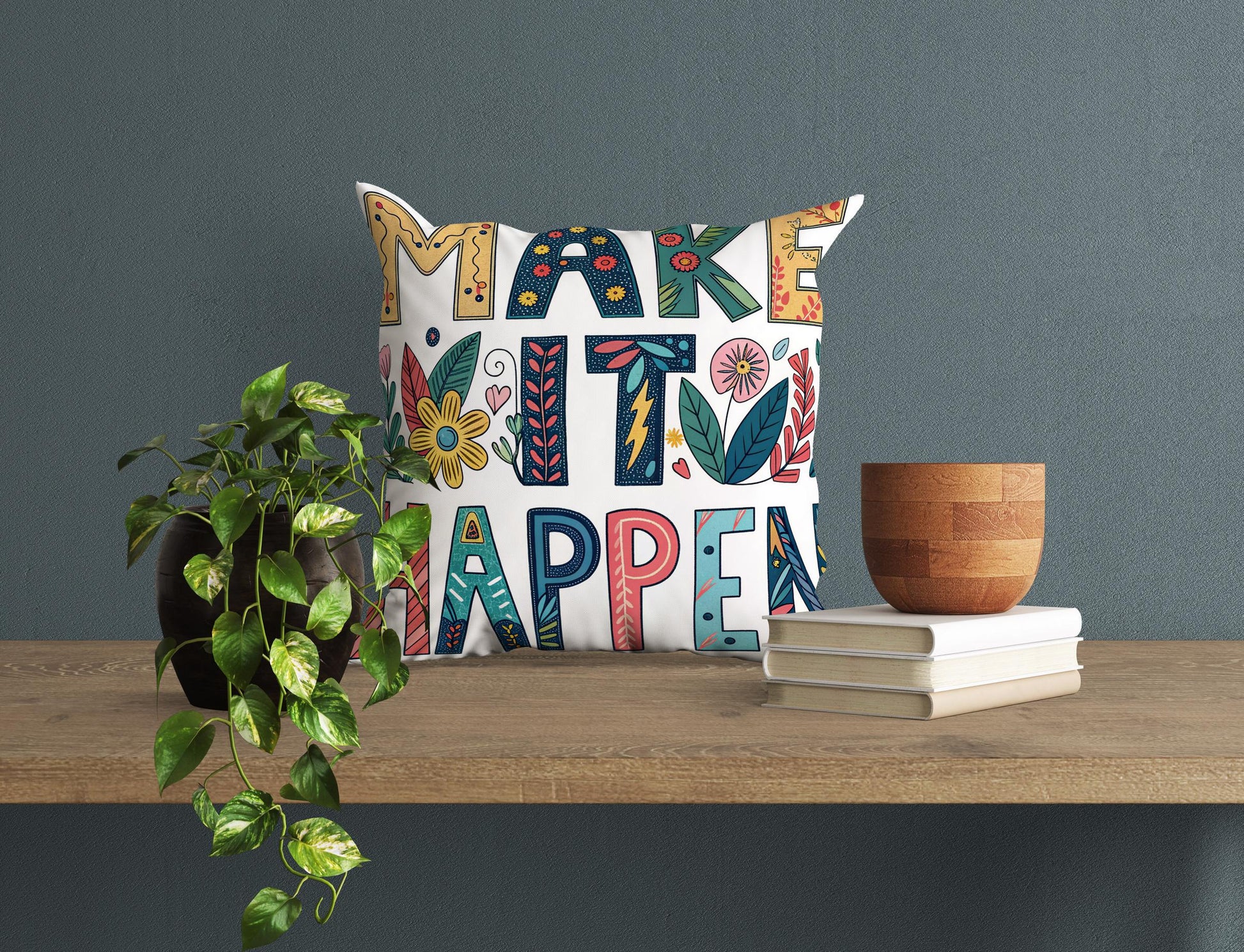 Make It Happen Motivational Pillow | Floral Typography Boho Home Decor | Inspirational Gift