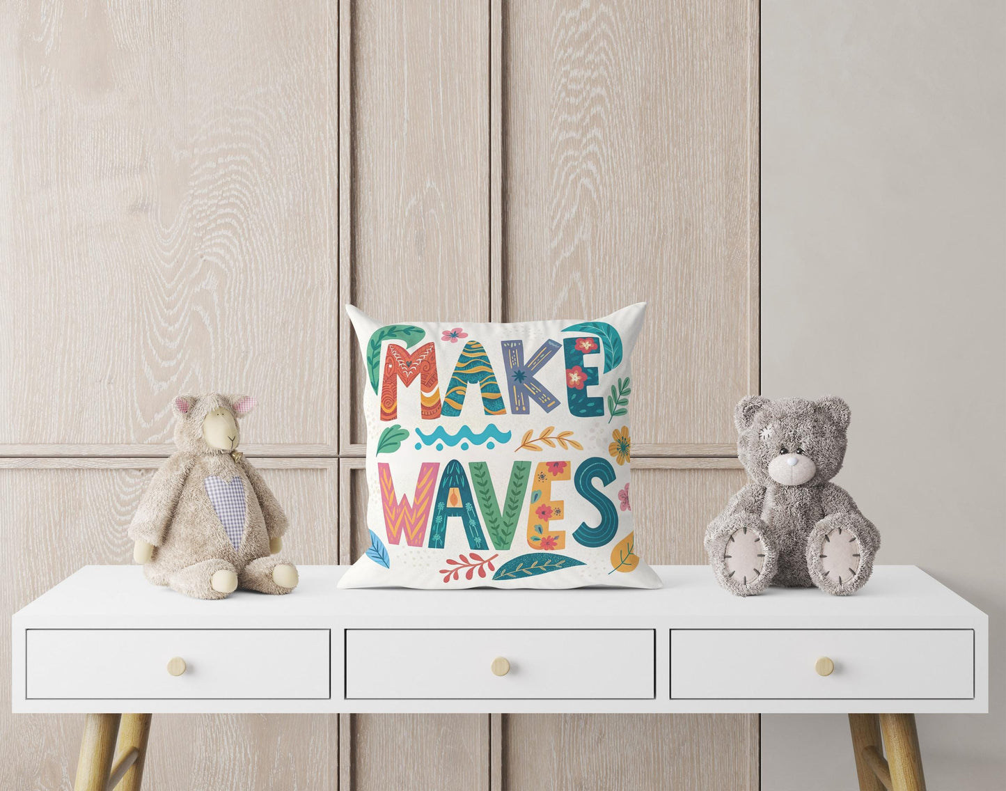 Artistic &#39;Make Waves&#39; Cushion | Boho Chic Floral Pillow | Empowering Home Decor