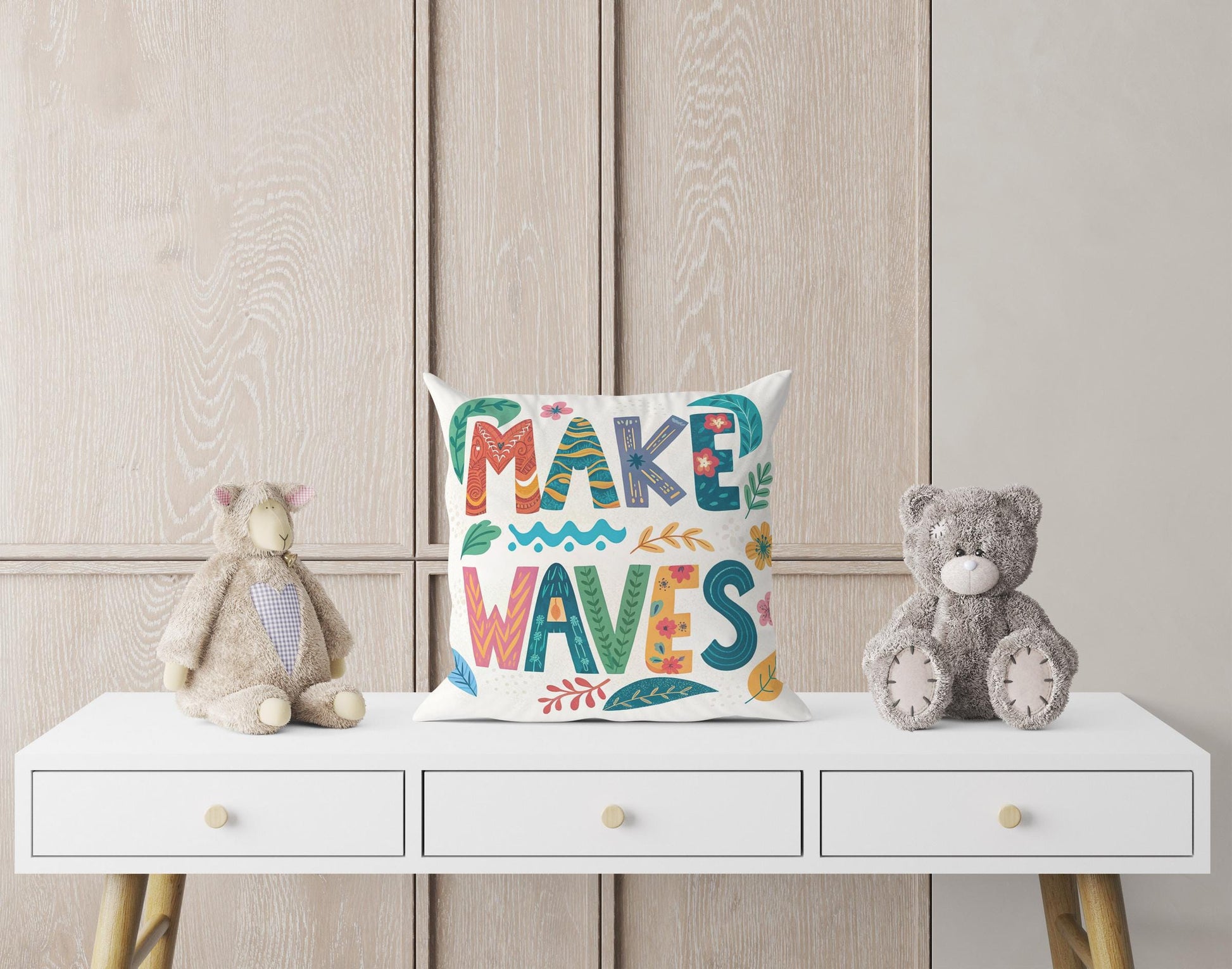 Artistic &#39;Make Waves&#39; Cushion | Boho Chic Floral Pillow | Empowering Home Decor