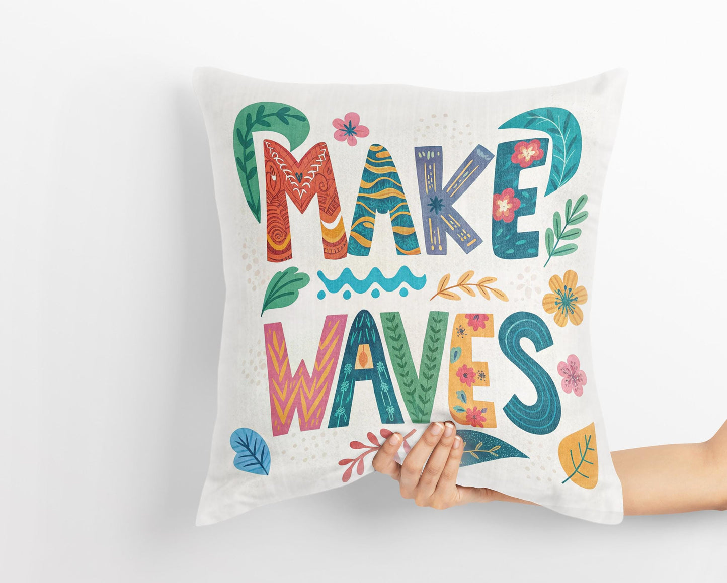 Artistic &#39;Make Waves&#39; Cushion | Boho Chic Floral Pillow | Empowering Home Decor