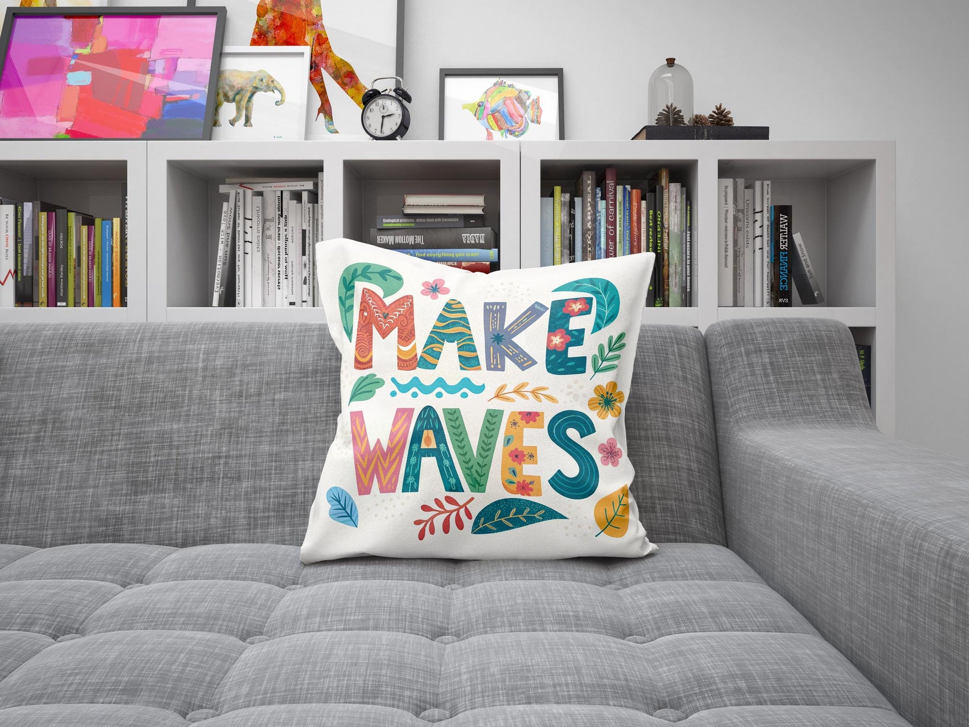 Artistic &#39;Make Waves&#39; Cushion | Boho Chic Floral Pillow | Empowering Home Decor