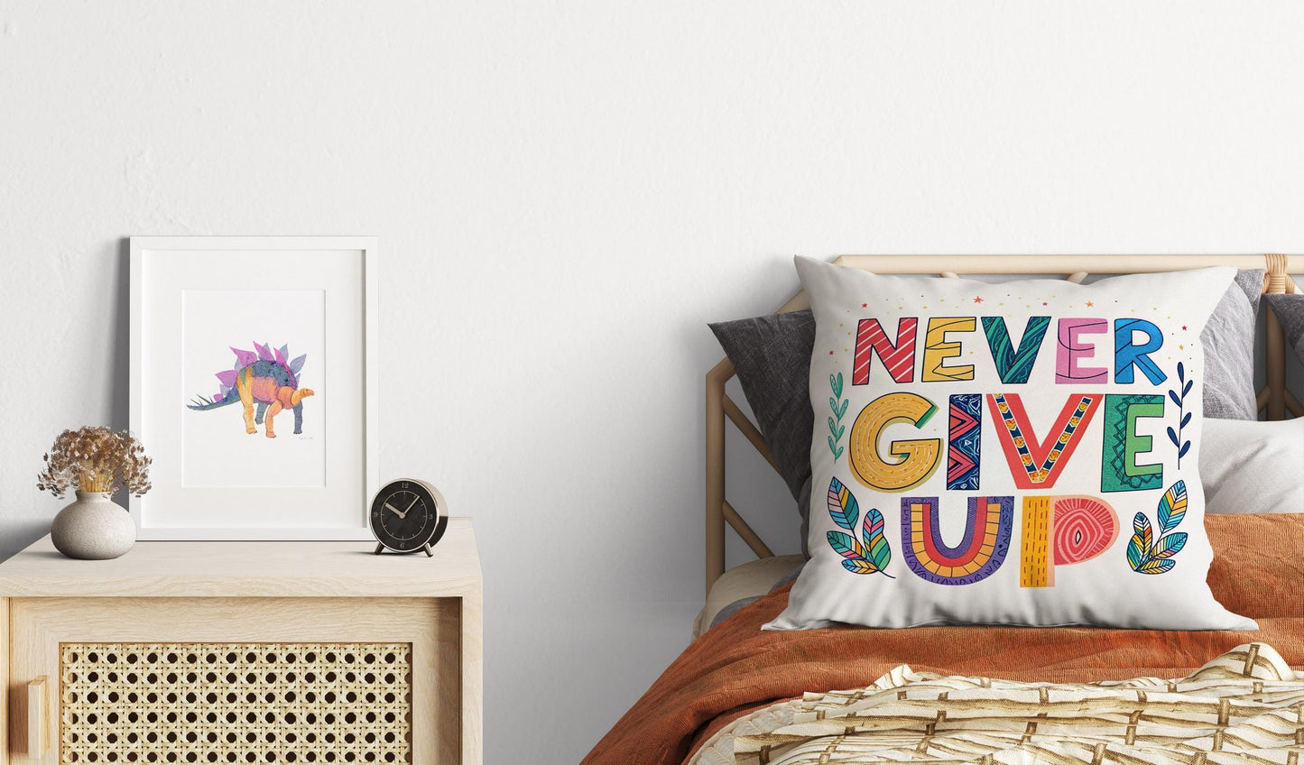 Never Give Up Motivational Pillow | Hand Lettered Boho Home Decor | Inspirational Gift