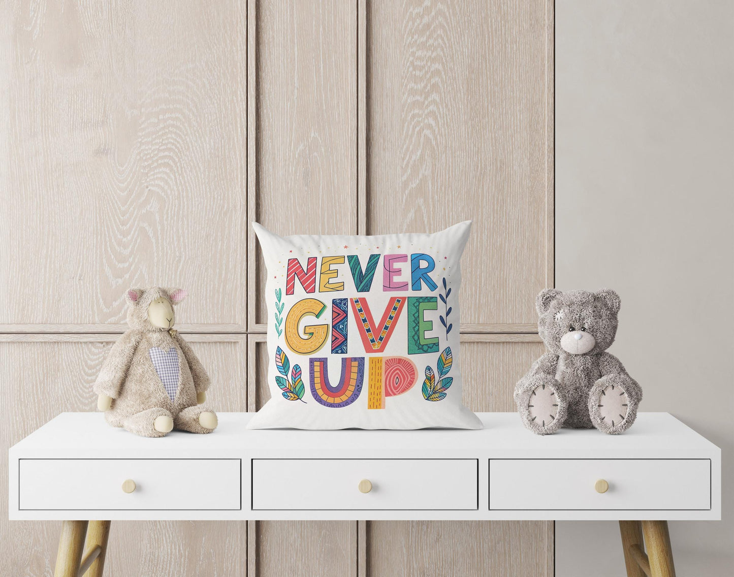 Never Give Up Motivational Pillow | Hand Lettered Boho Home Decor | Inspirational Gift