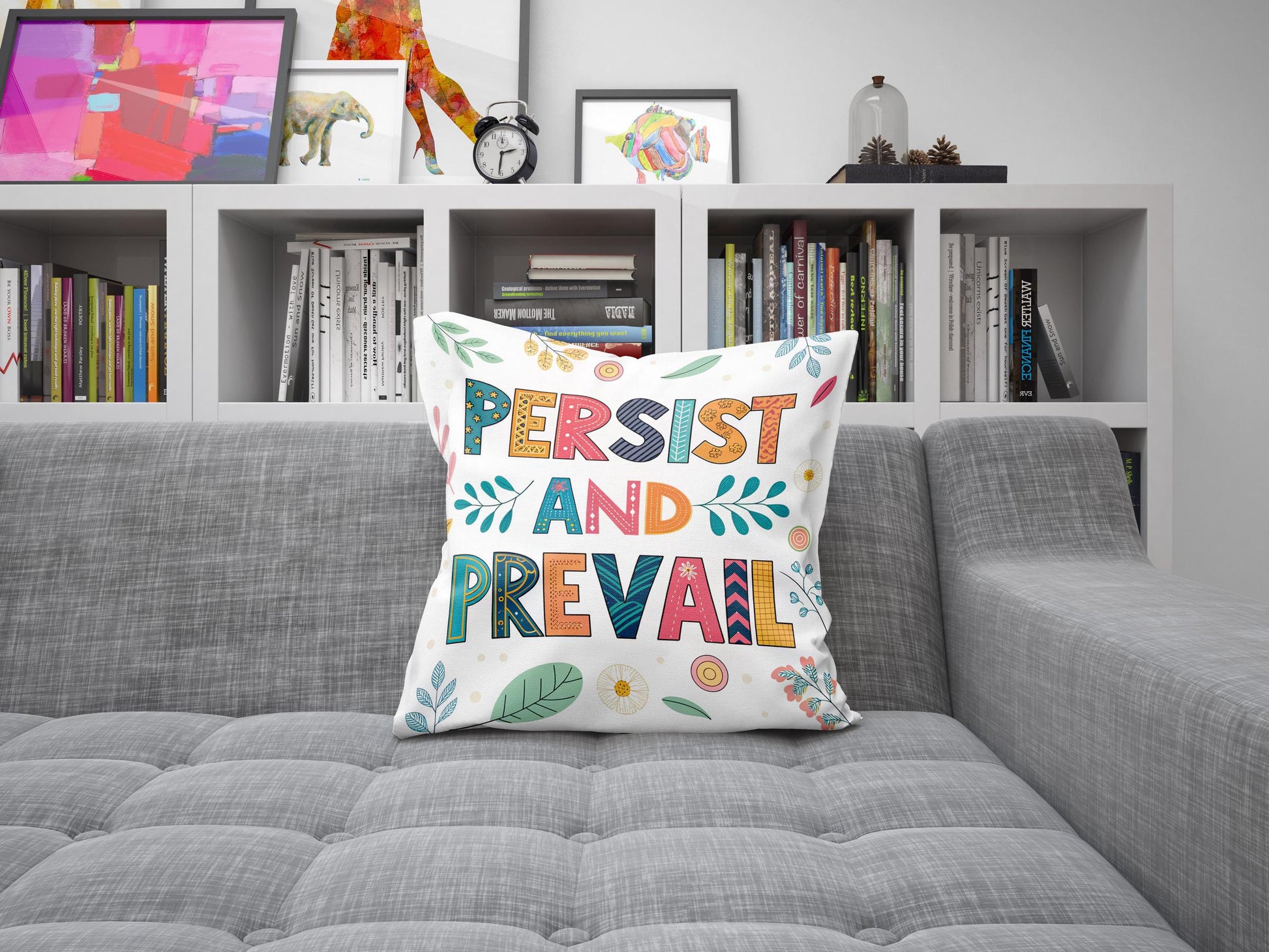 Hand Lettered &#39;Persist and Prevail&#39; Pillow | Colorful Folk Art | Encouraging Room Accent