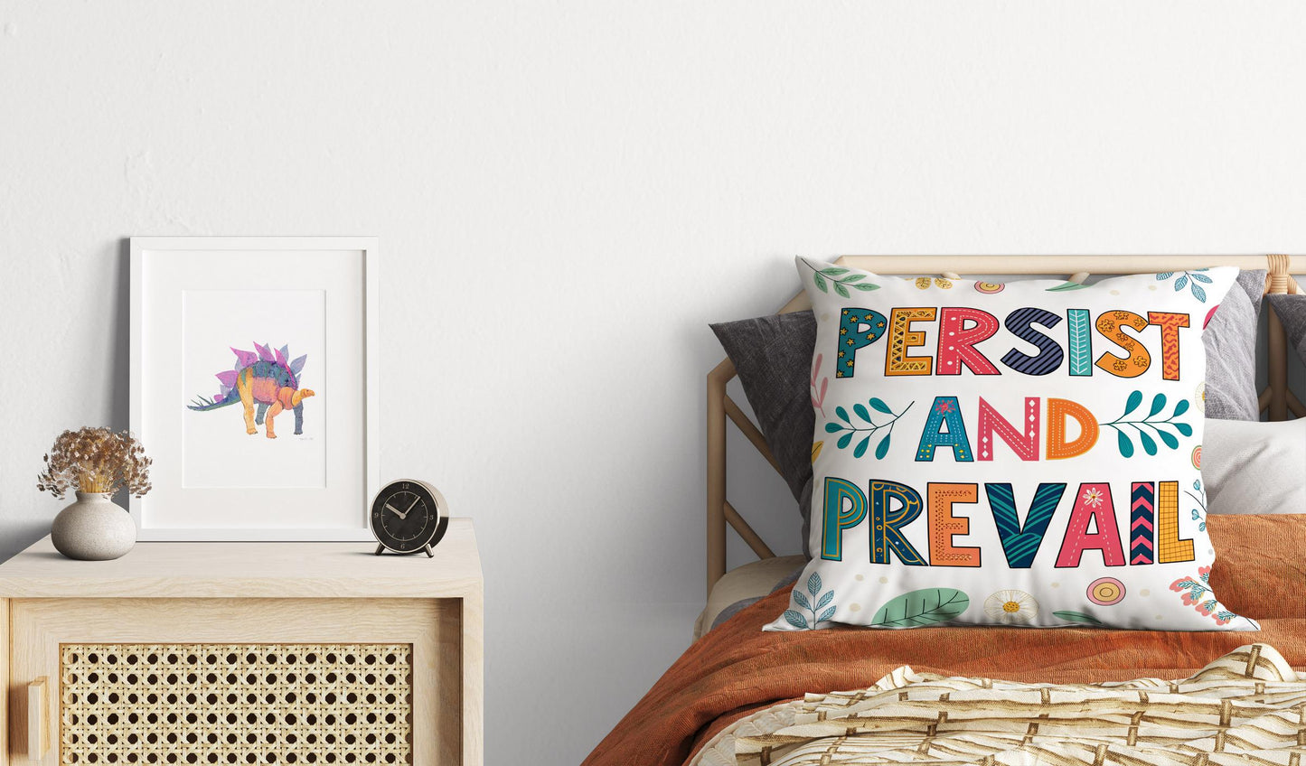 Hand Lettered &#39;Persist and Prevail&#39; Pillow | Colorful Folk Art | Encouraging Room Accent