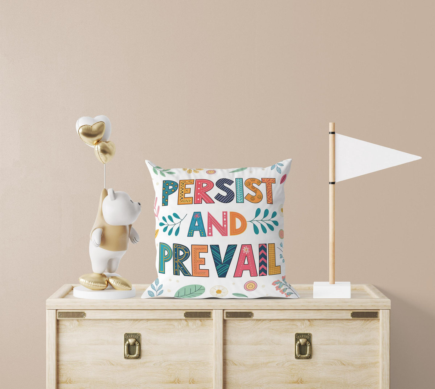 Hand Lettered &#39;Persist and Prevail&#39; Pillow | Colorful Folk Art | Encouraging Room Accent