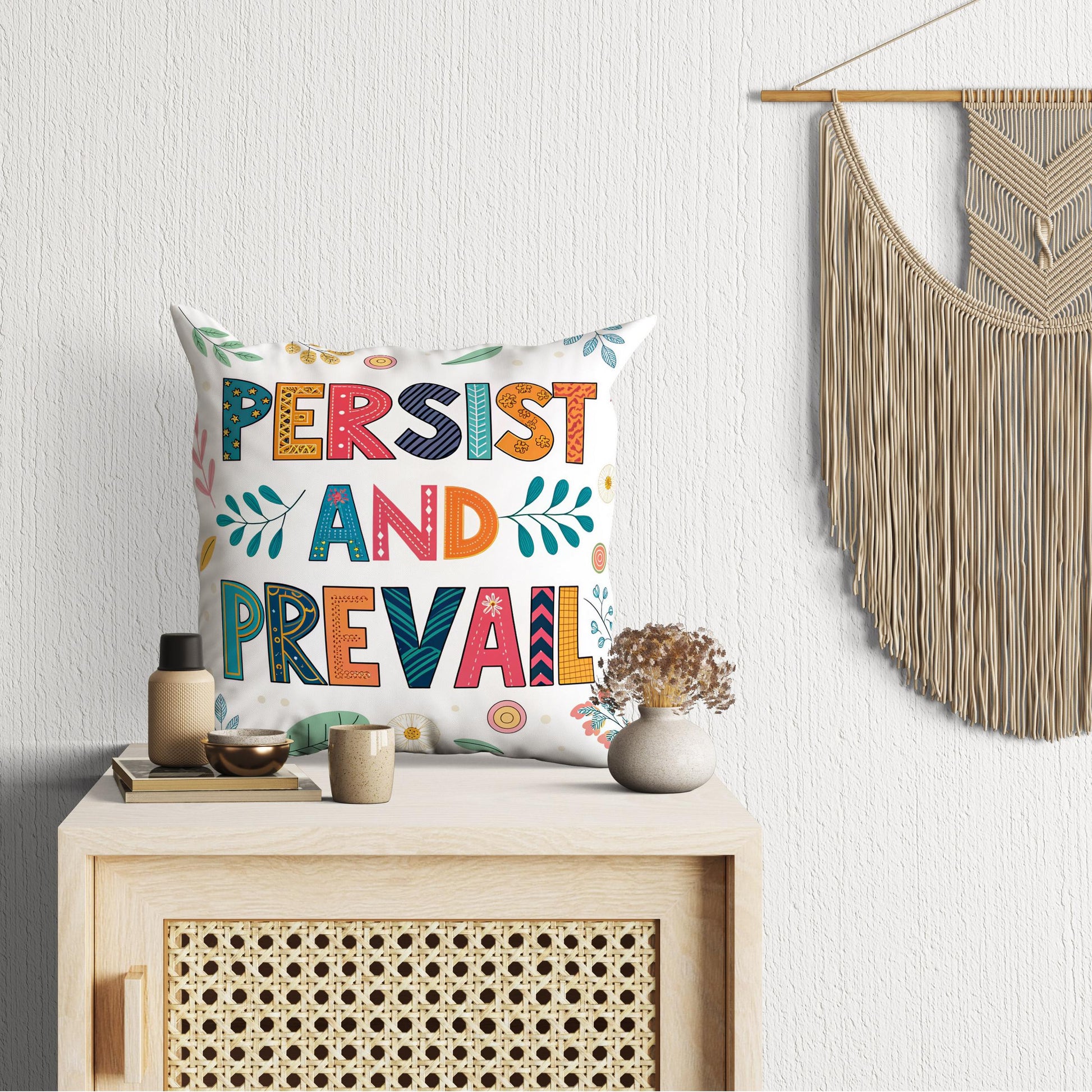 Hand Lettered &#39;Persist and Prevail&#39; Pillow | Colorful Folk Art | Encouraging Room Accent