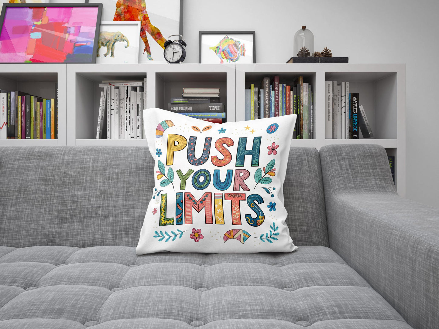 Vibrant Folk Art Pillow - Push Your Limits Quote - Decorative Cushion for Daily Inspiration