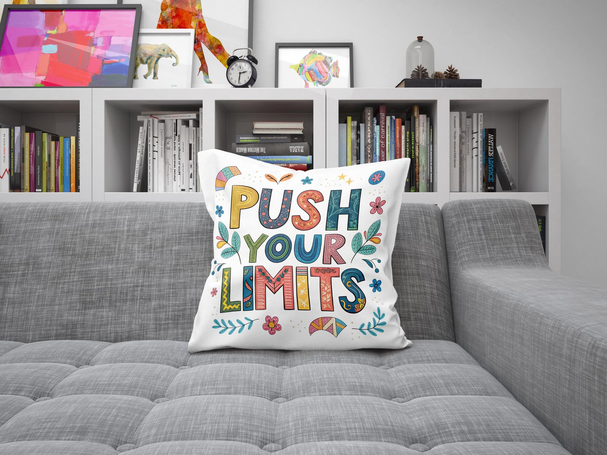 Vibrant Folk Art Pillow - Push Your Limits Quote - Decorative Cushion for Daily Inspiration