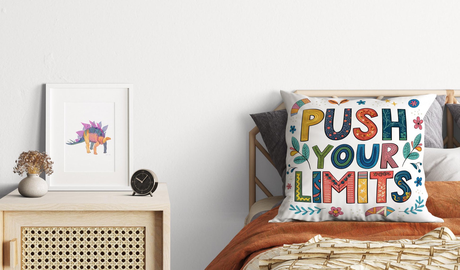 Vibrant Folk Art Pillow - Push Your Limits Quote - Decorative Cushion for Daily Inspiration