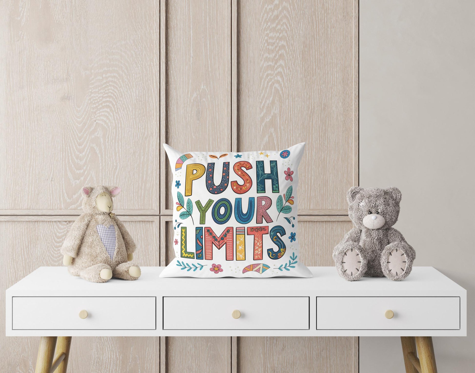 Vibrant Folk Art Pillow - Push Your Limits Quote - Decorative Cushion for Daily Inspiration