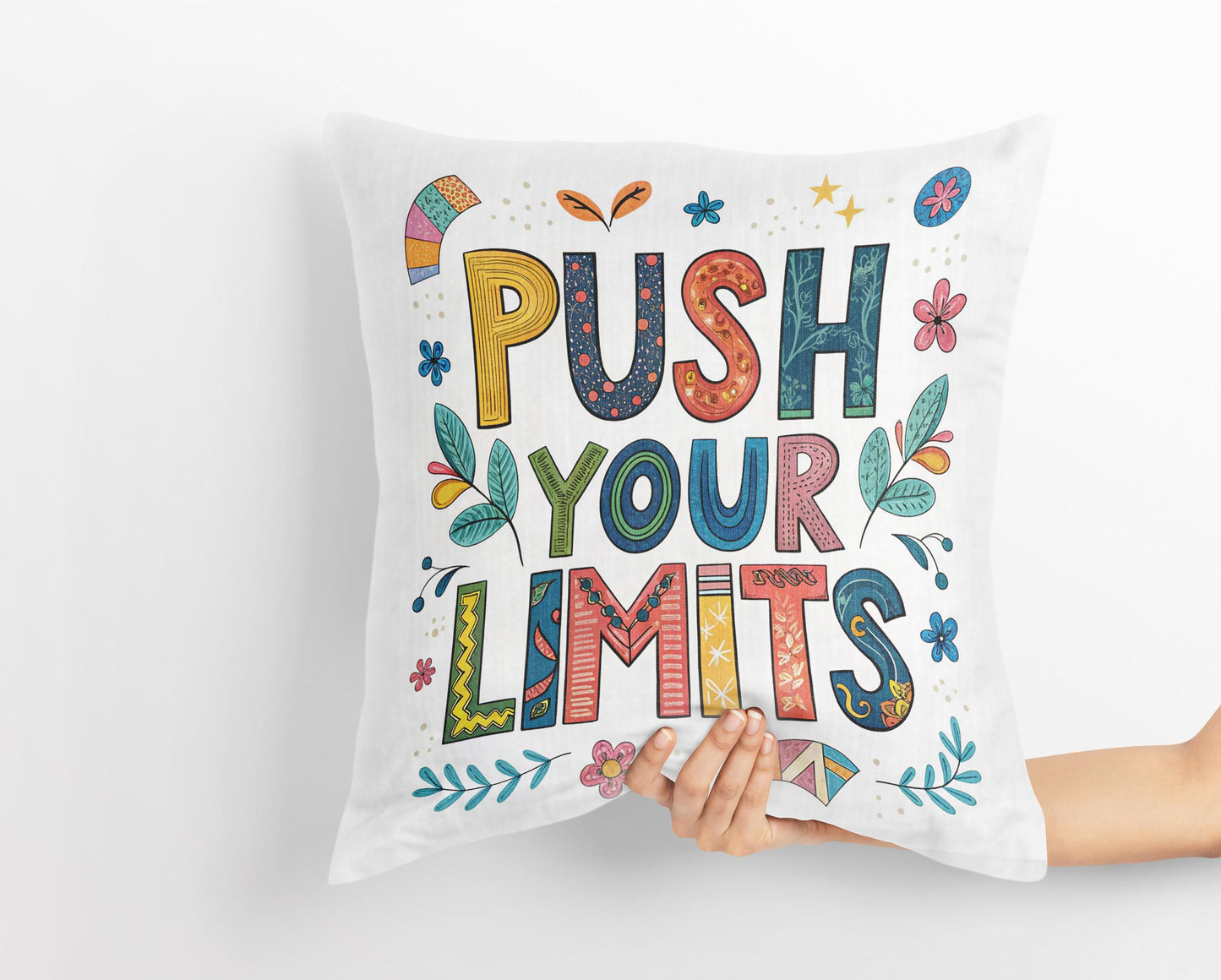 Vibrant Folk Art Pillow - Push Your Limits Quote - Decorative Cushion for Daily Inspiration