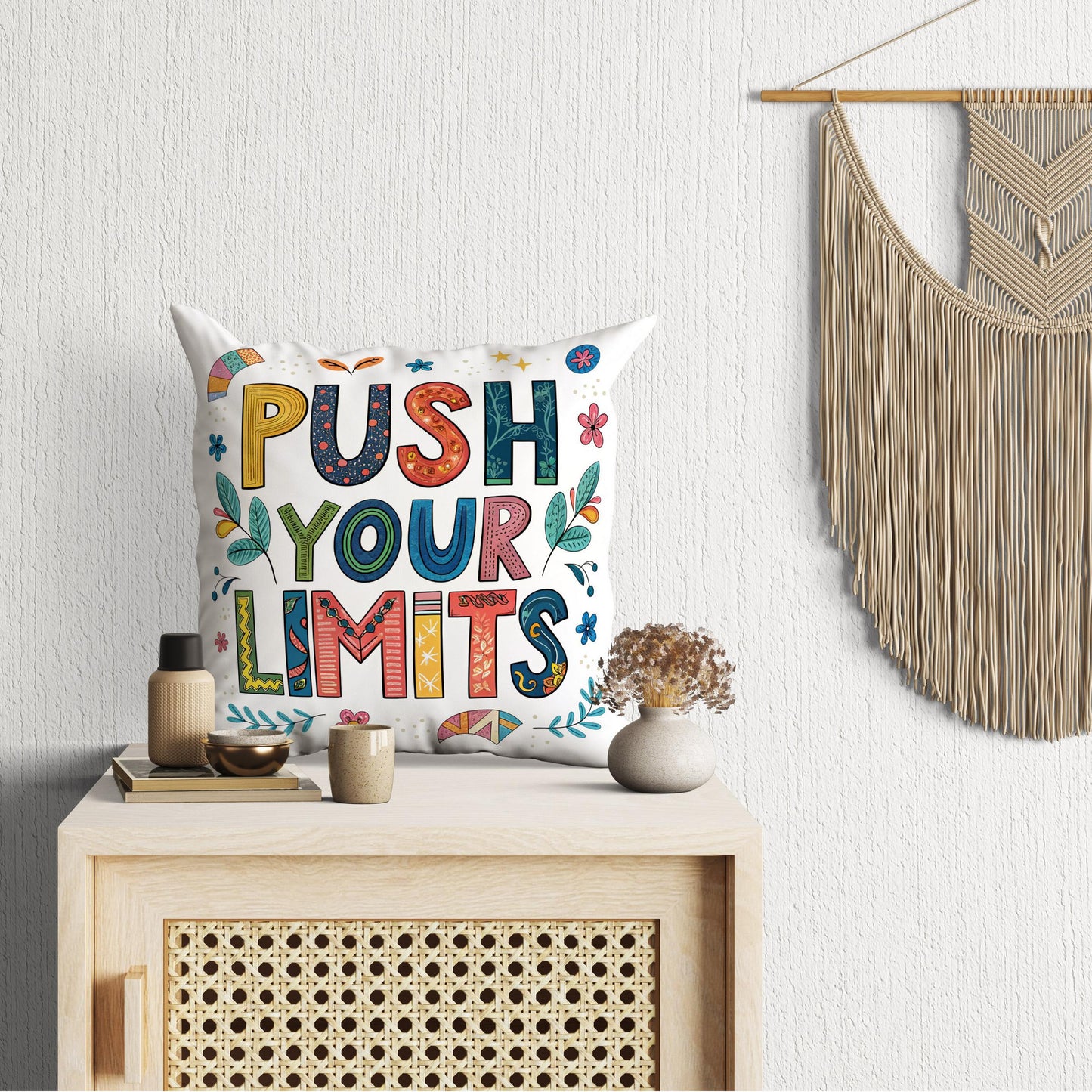 Vibrant Folk Art Pillow - Push Your Limits Quote - Decorative Cushion for Daily Inspiration