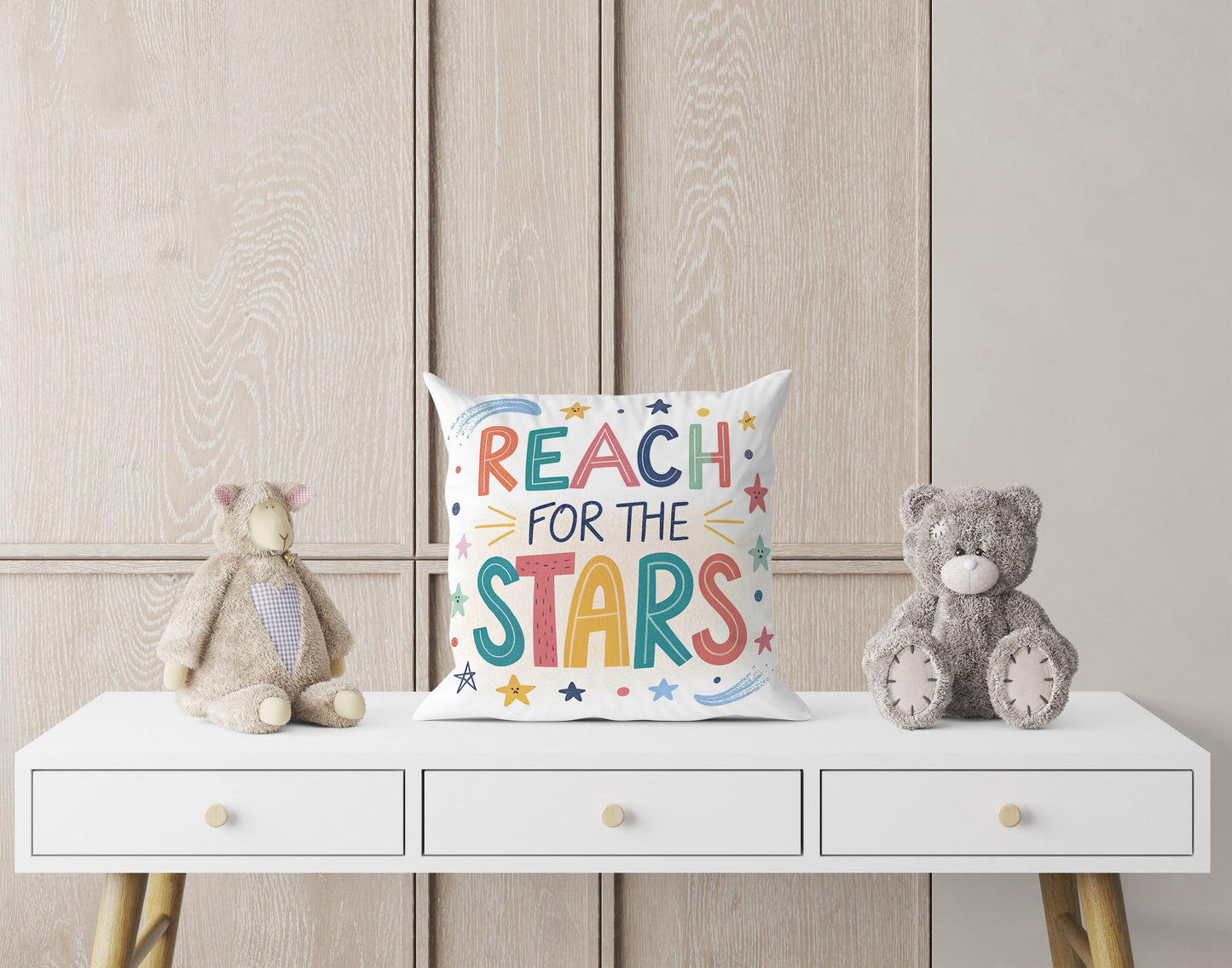 Hand Lettered &#39;Reach for the Stars&#39; Cushion | Motivational Children&#39;s Room Decor