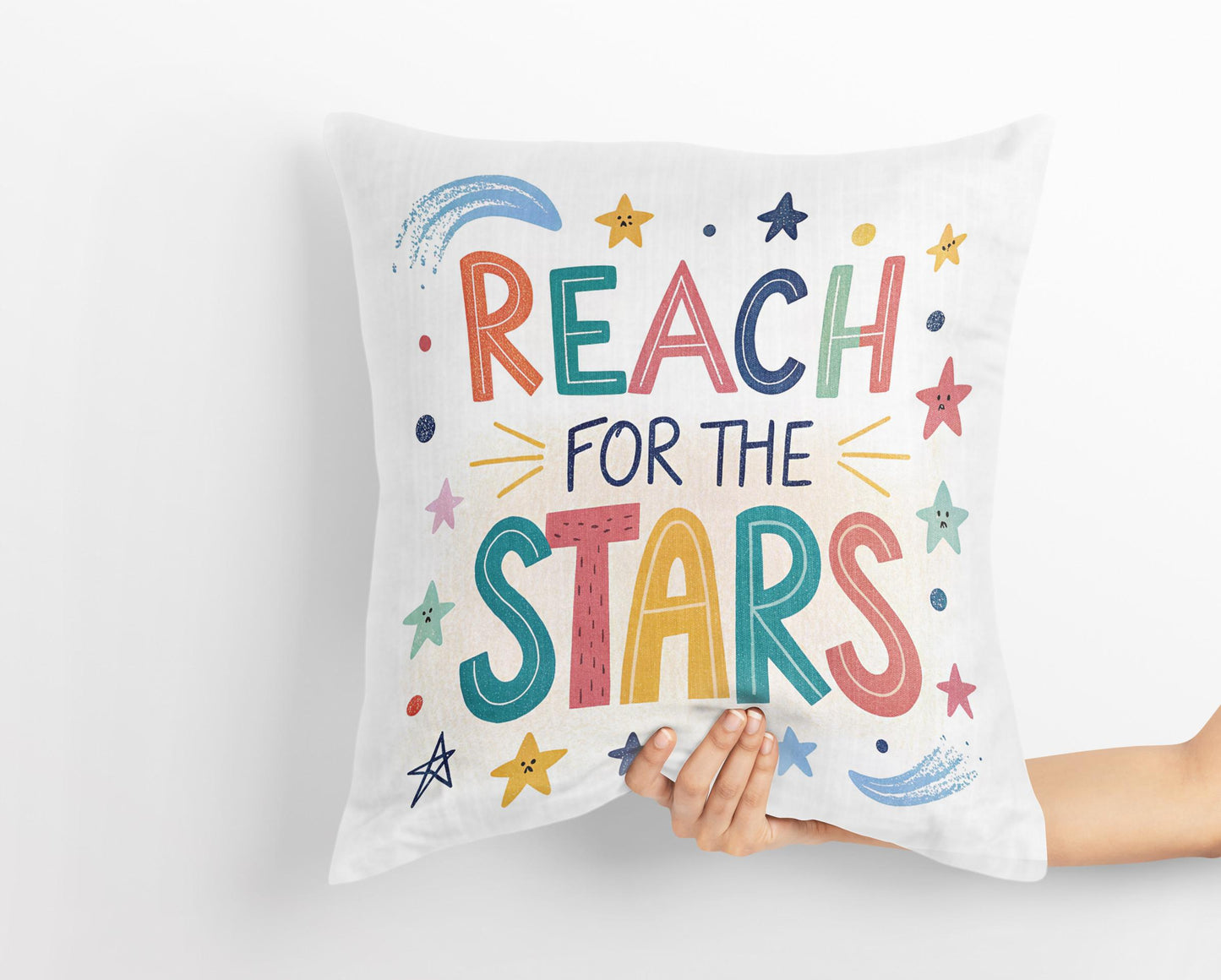 Whimsical Star Pillow | Reach for the Stars Quote | Playful Nursery Accent