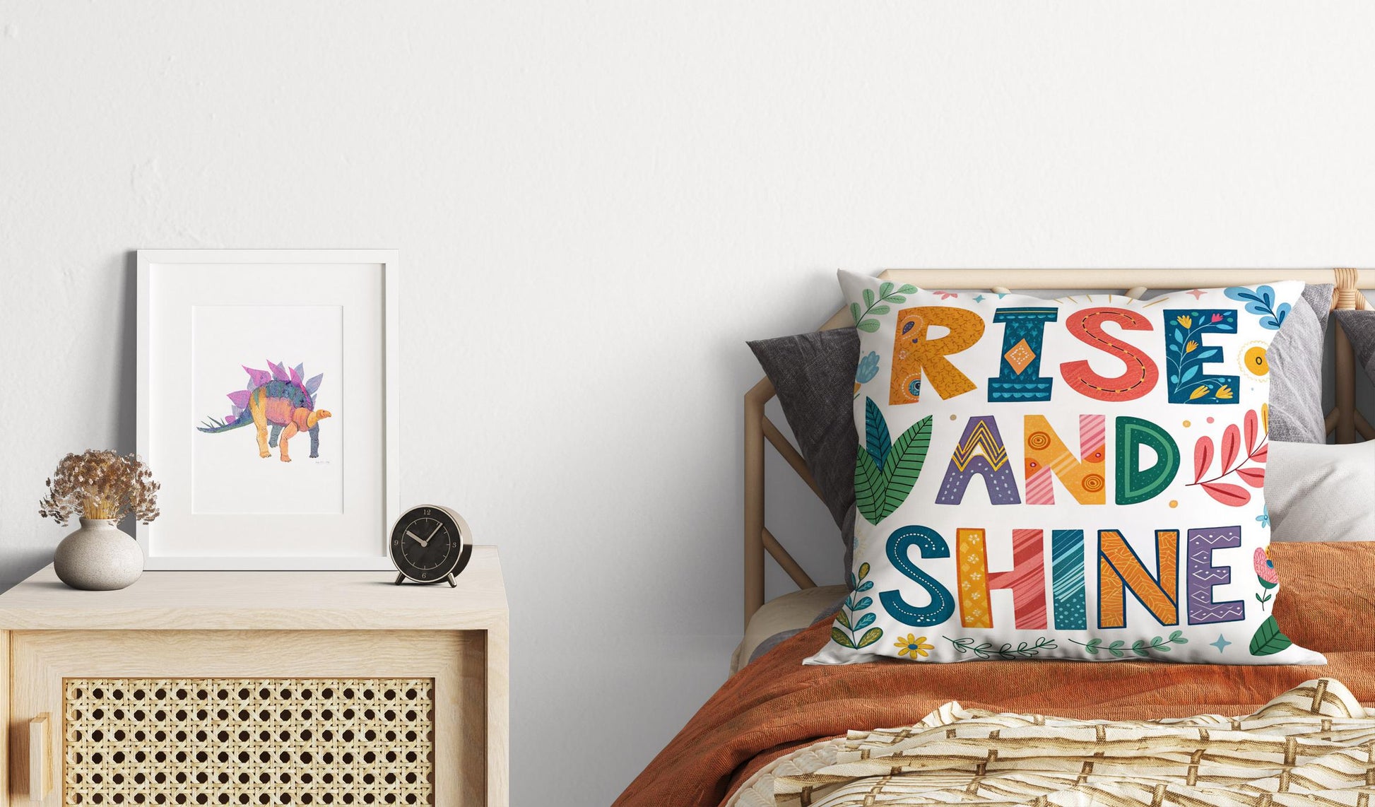 Hand-Drawn Quote Pillow - Rise and Shine - Vibrant Folk Art Inspirational Home Decor