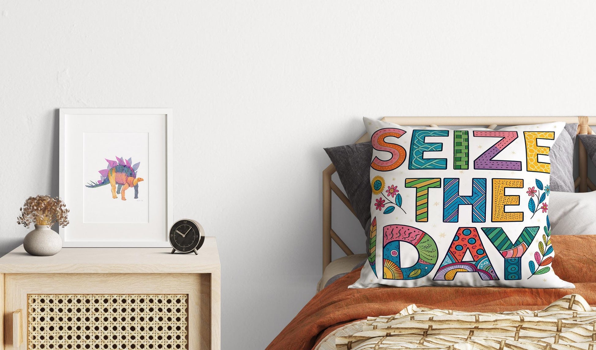 Whimsical Floral Motivational Pillow - Seize The Day Folk Art Design