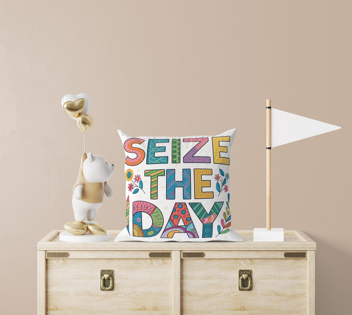 Colorful Boho Throw Pillow - Seize The Day Inspirational Message