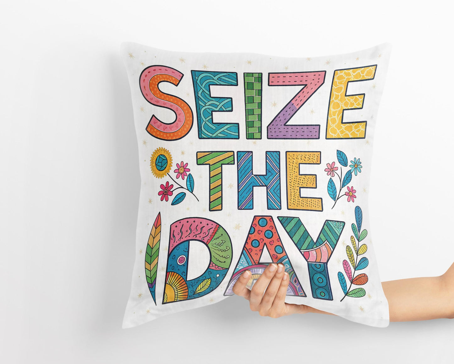 Modern Folk Art Pillow Cover - Seize The Day Motivational Text