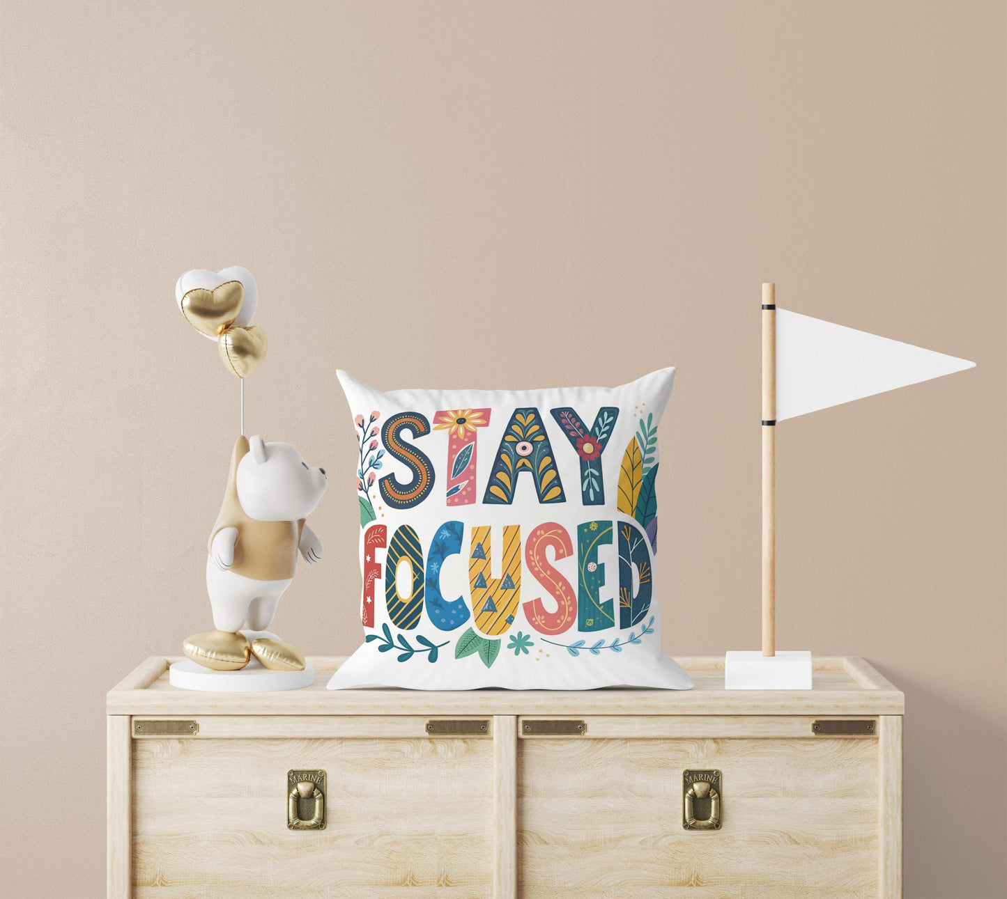 Artistic &#39;Stay Focused&#39; Pillow | Folk Art Pattern | Empowering Workspace Decor