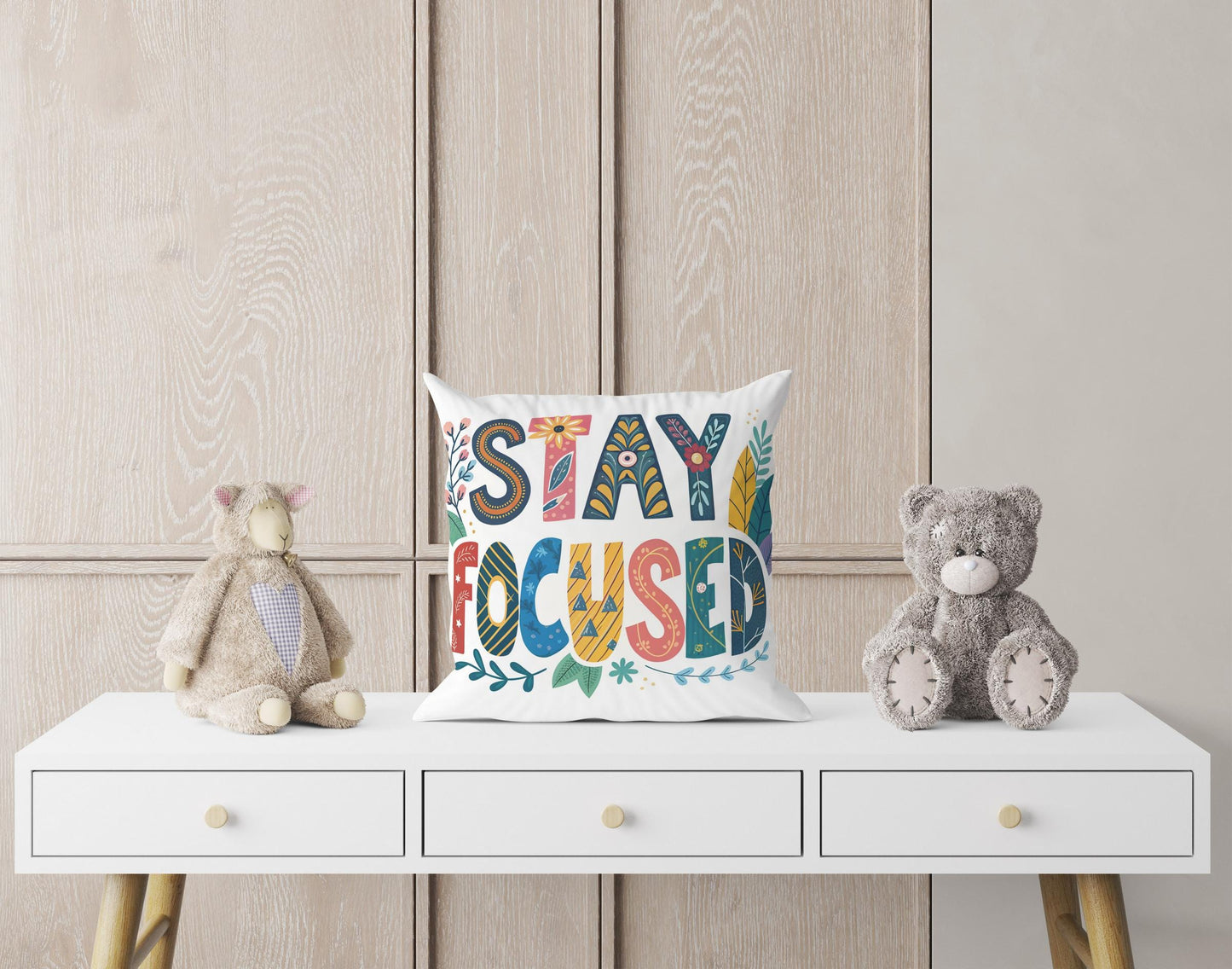 Hand Lettered &#39;Stay Focused&#39; Pillow | Colorful Nature Motifs | Encouraging Room Accent