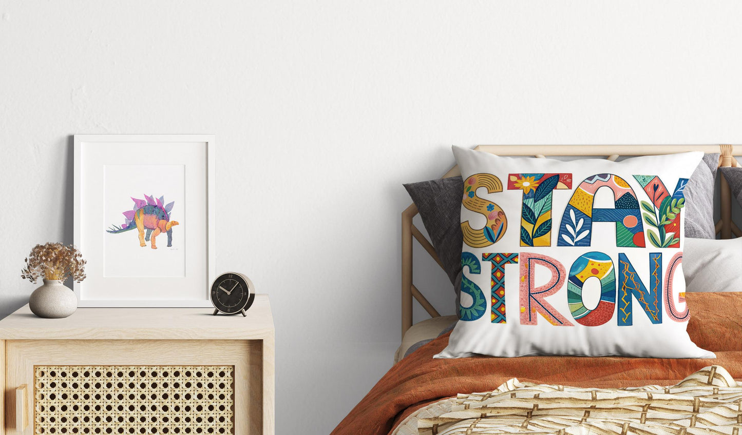 Colorful Boho Throw Pillow - Stay Strong Inspirational Message