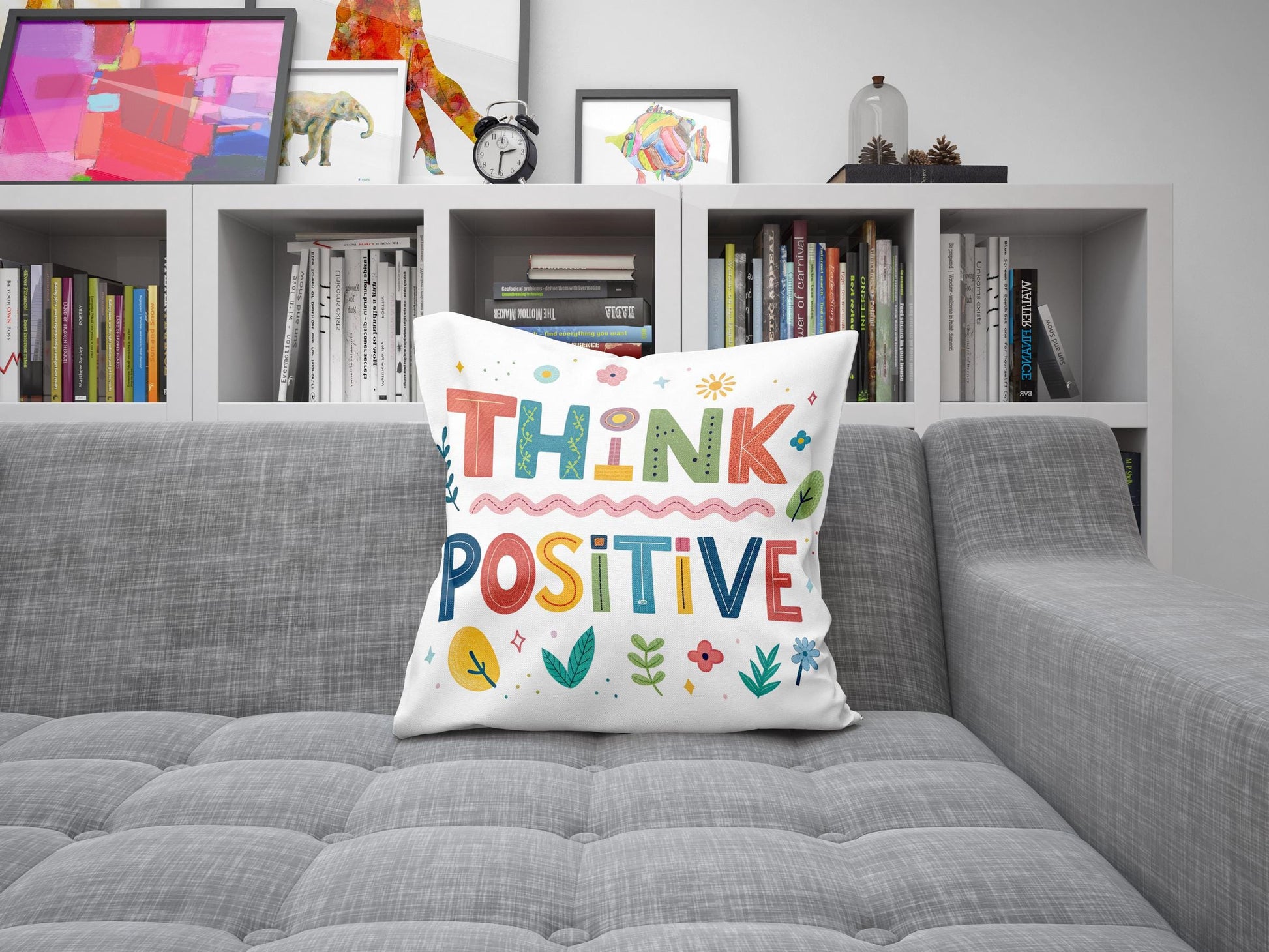 Think Positive Motivational Pillow | Colorful Hand Drawn Typography | Inspirational Gift