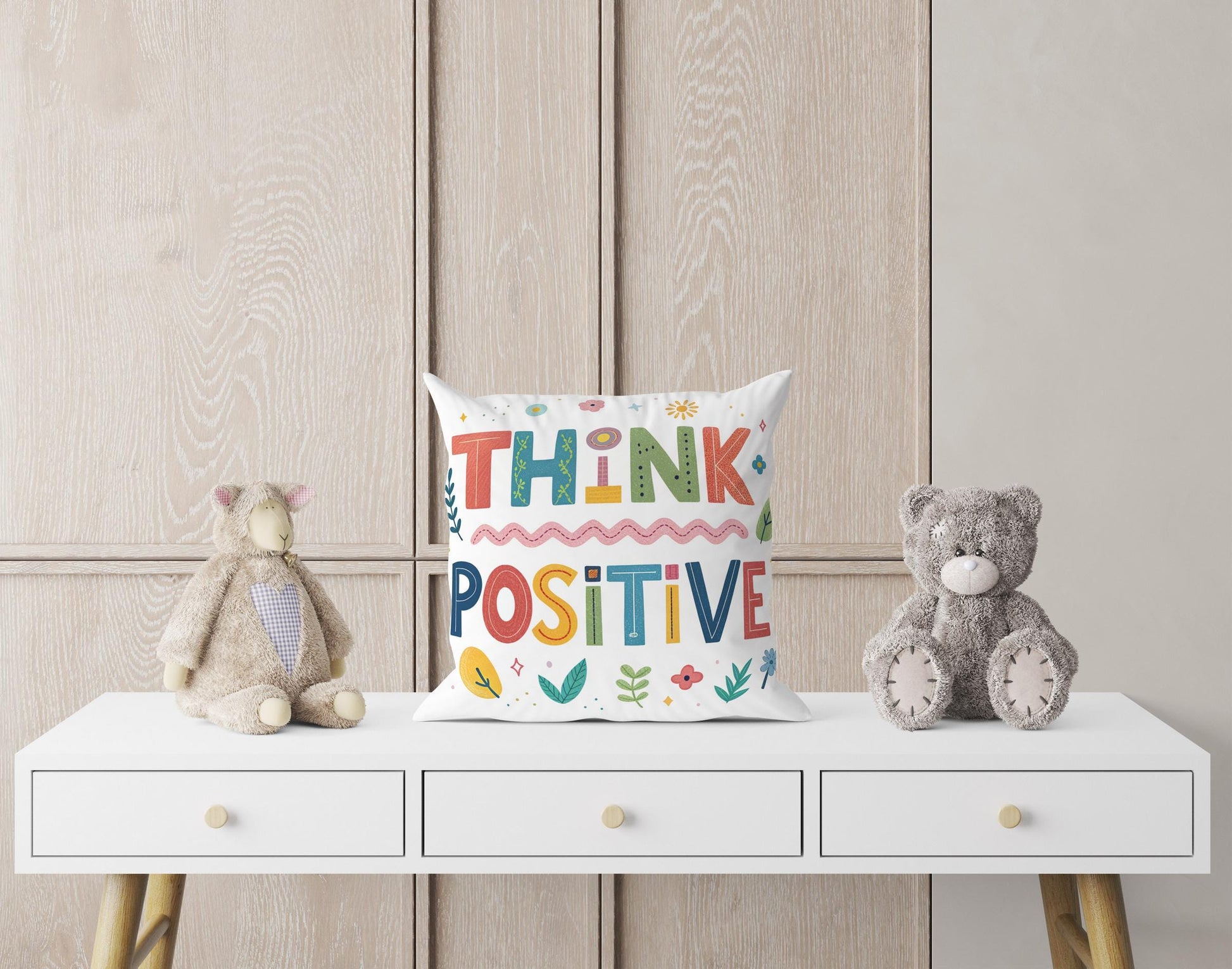 Playful &#39;Think Positive&#39; Pillow | Whimsical Typography | Empowering Home Decor