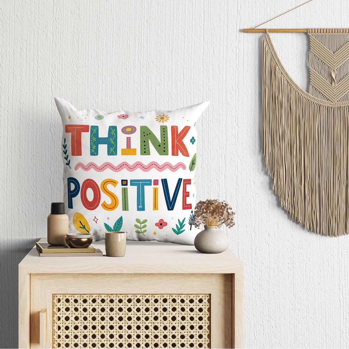 Fun Typography Pillow | &#39;Think Positive&#39; Quote | Creative Home Accent