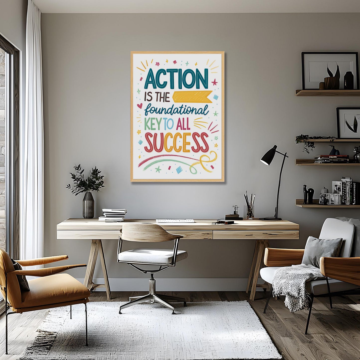 Inspirational Typography | Action is Key to Success | Classroom Decor | Colorful Quote Print | Canvas Wall Art