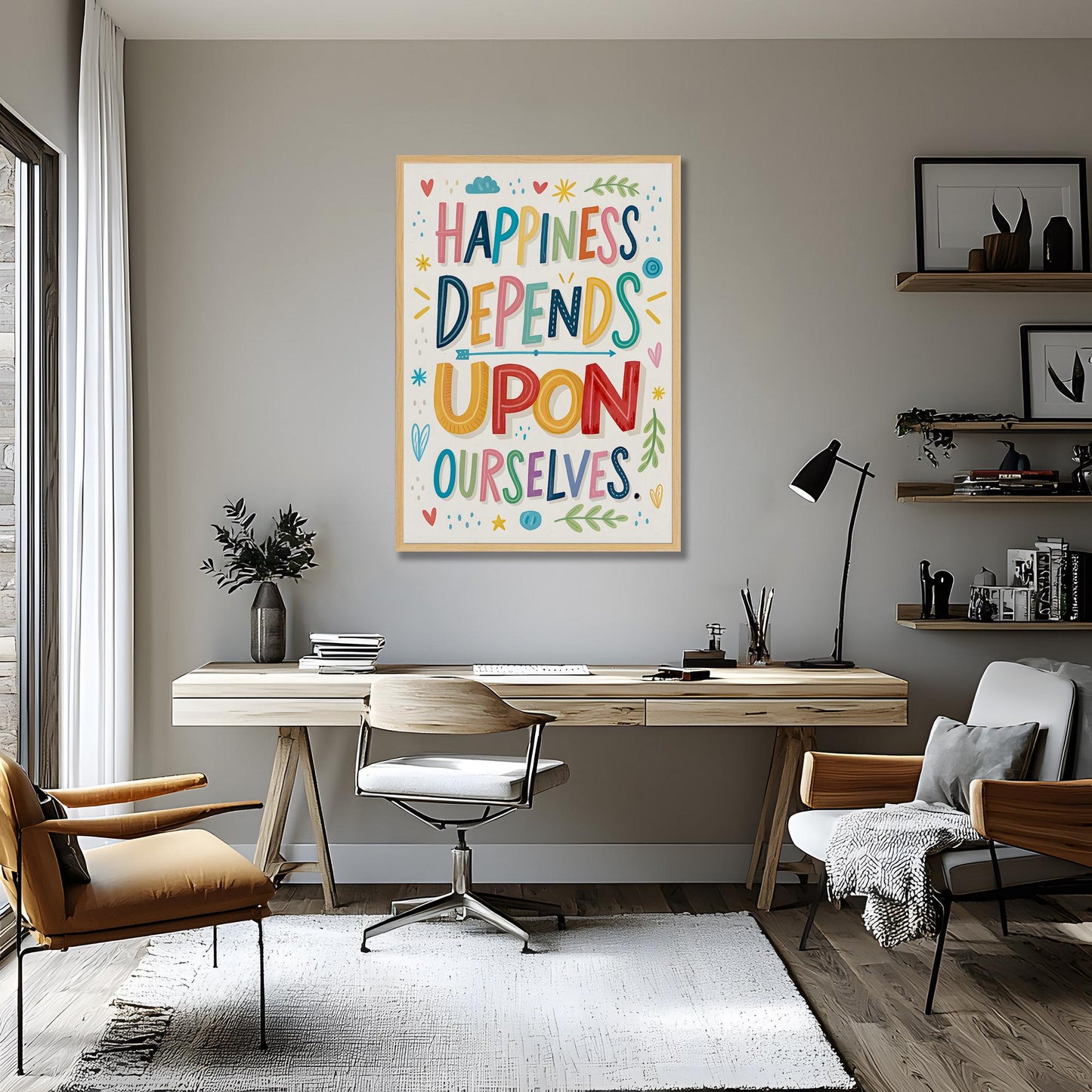 Inspirational Framed Print - Happiness Depends Quote - George Miller Colorful Typography