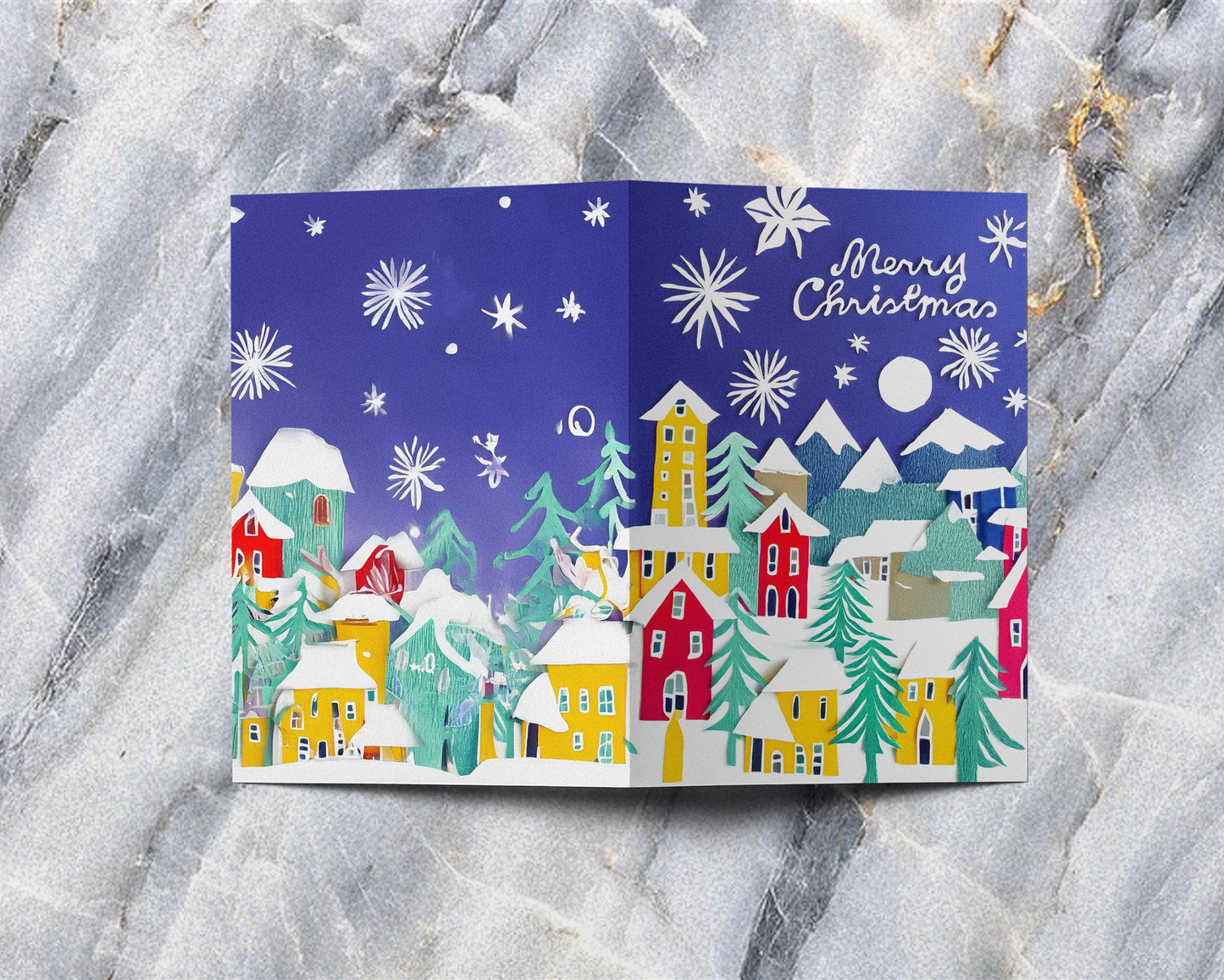 Christmas Village Card Whimsical Winter Night Scene Artistic Holiday Greeting George Miller