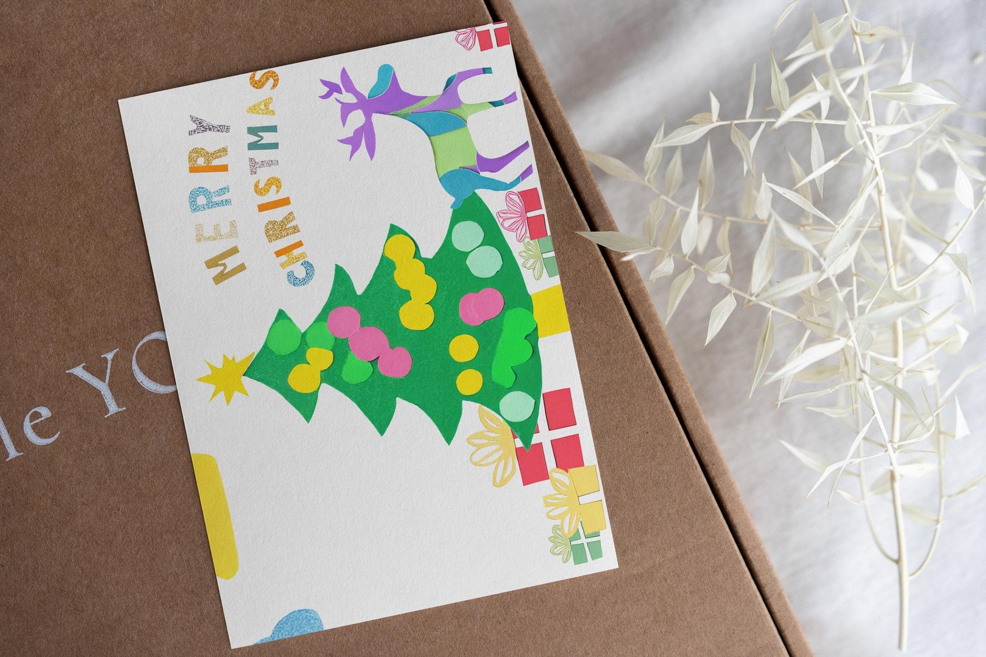 Unique Christmas Card Art Print Colorful Tree Reindeer Design Festive Holiday Greeting Merry Christmas George Miller