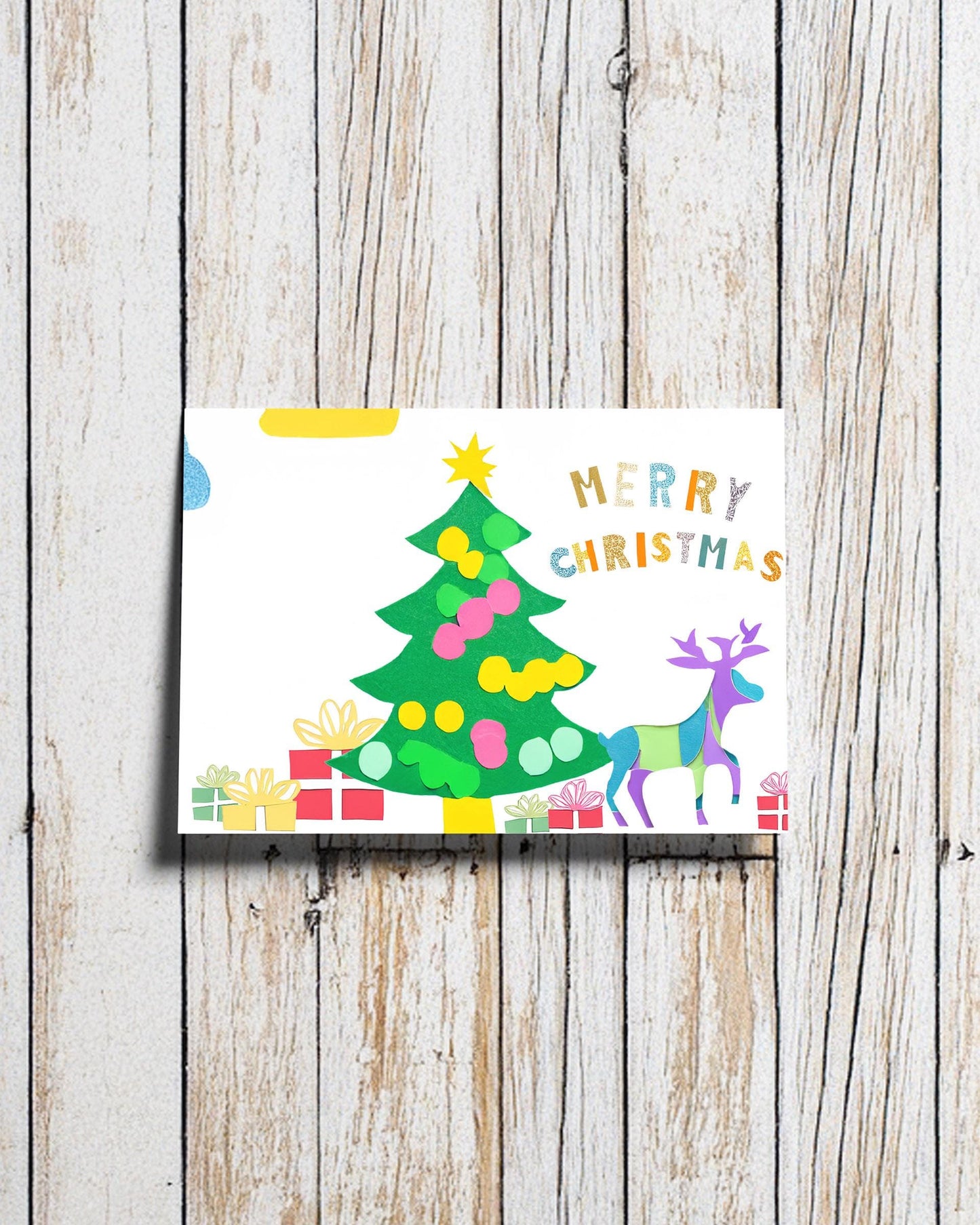 Festive Christmas Card Art Print Colorful Tree Reindeer Design Holiday Greeting Unique Handmade George Miller