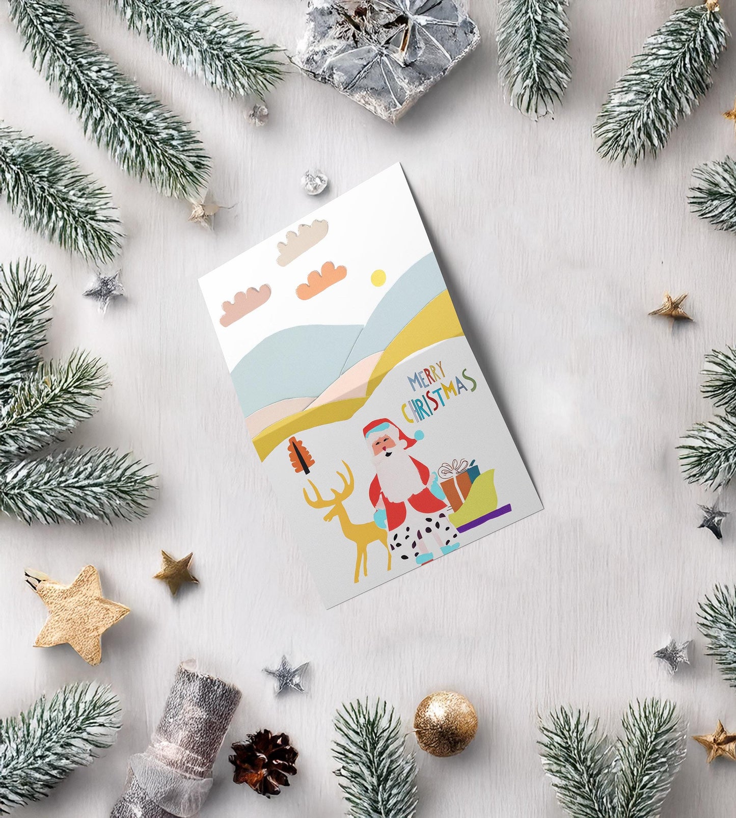 Unique Christmas Card Whimsical Santa Art Print Holiday Decor Festive Greeting Modern Design