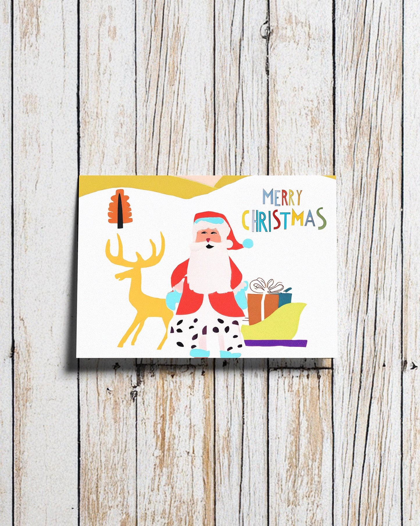 Playful Christmas Card Santa Reindeer Tree Sleigh Modern Design Colorful Print Holiday Art