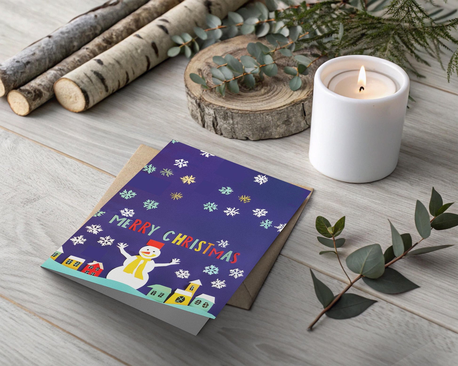 Merry Christmas Card Whimsical Snowman Village Scene Colorful Art Print Holiday Decor Purple