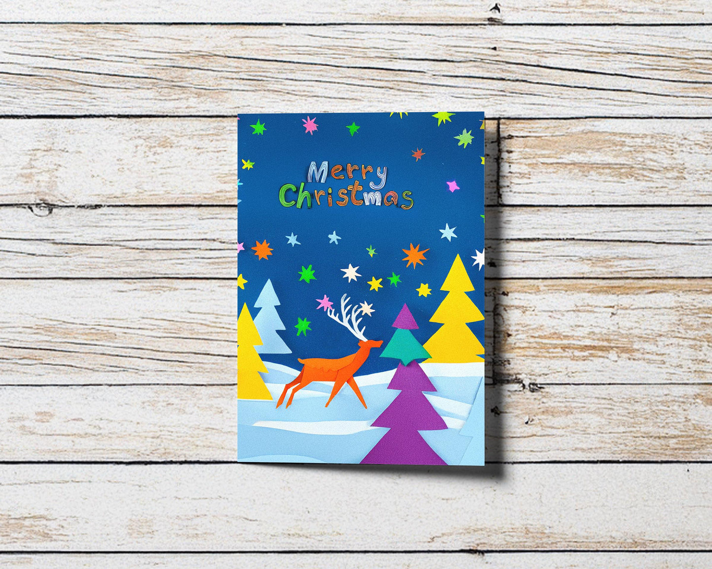 Christmas Card | Modern Winter Scene | Whimsical Reindeer | Colorful Trees | Starry Night Design